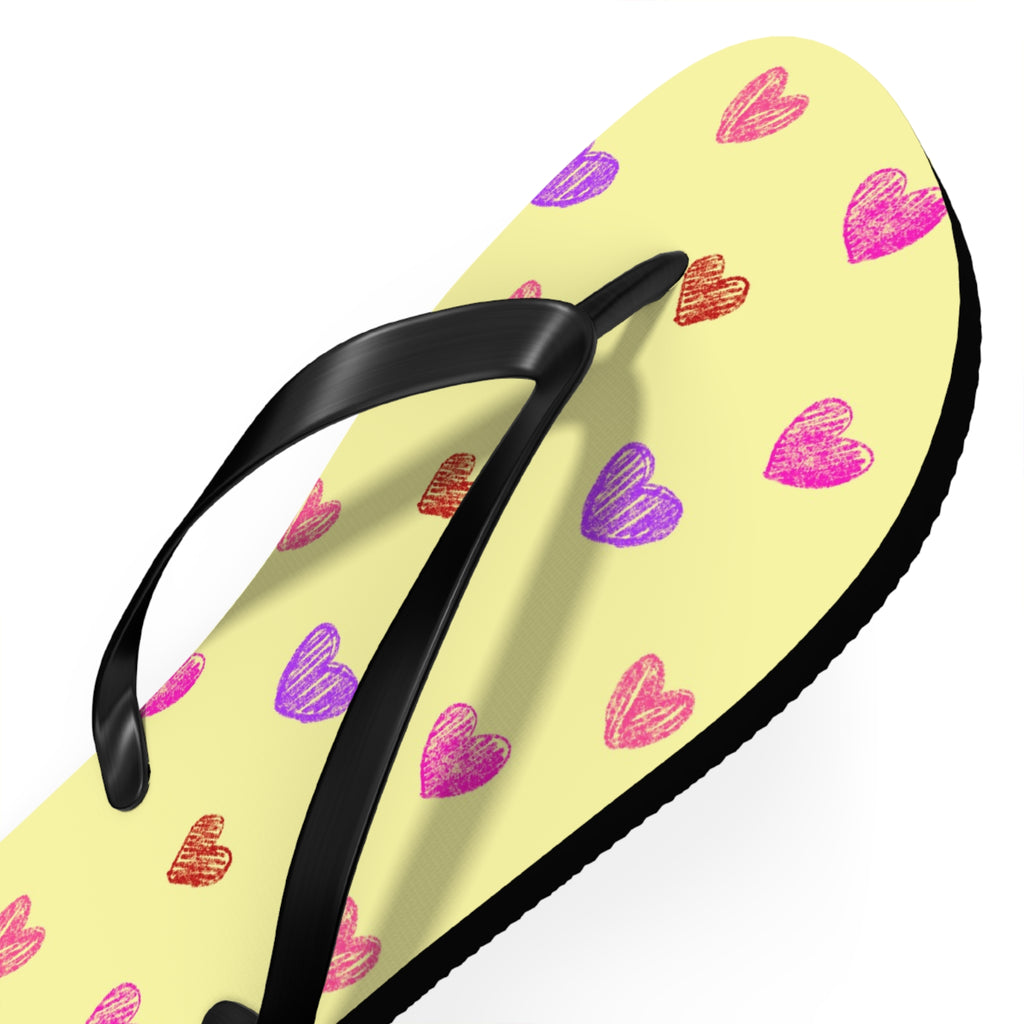 Unisex Light Yellow Colorful Hand Drawn Heart Pattern EVA Polyester Flip Flops