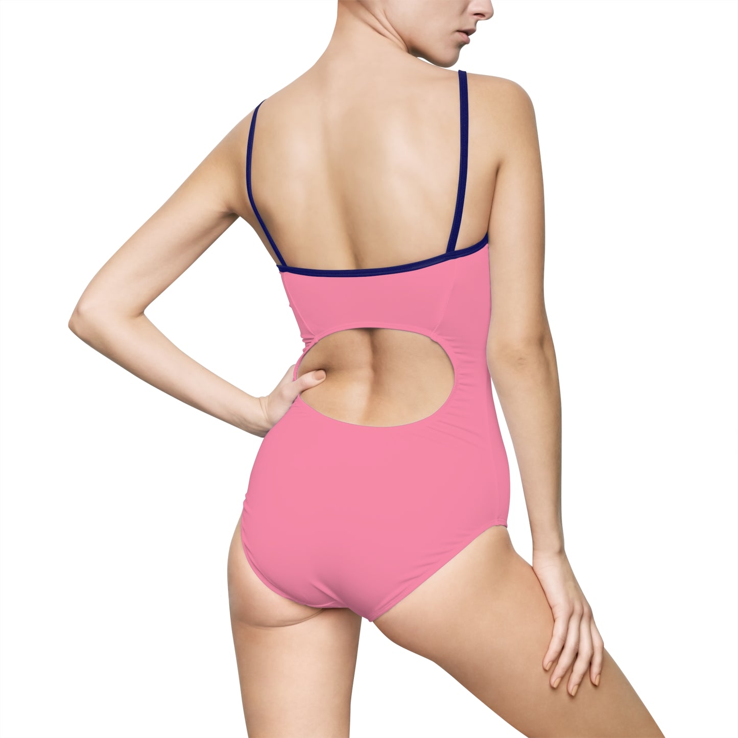 Women's One Piece Swimsuit (Blue heart on pink background)