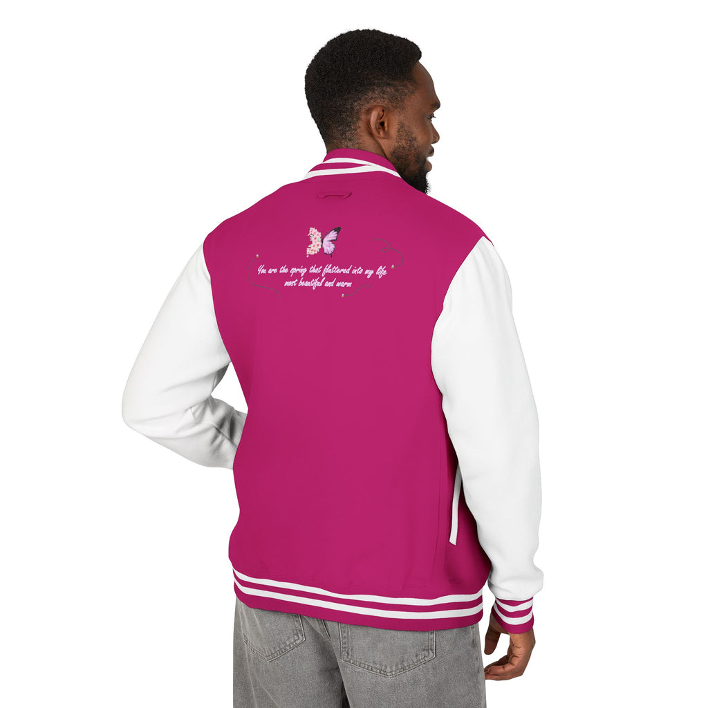 Unisex Navy Blue Floral Butterfly Spring Quote Cotton Blend Letterman Jacket