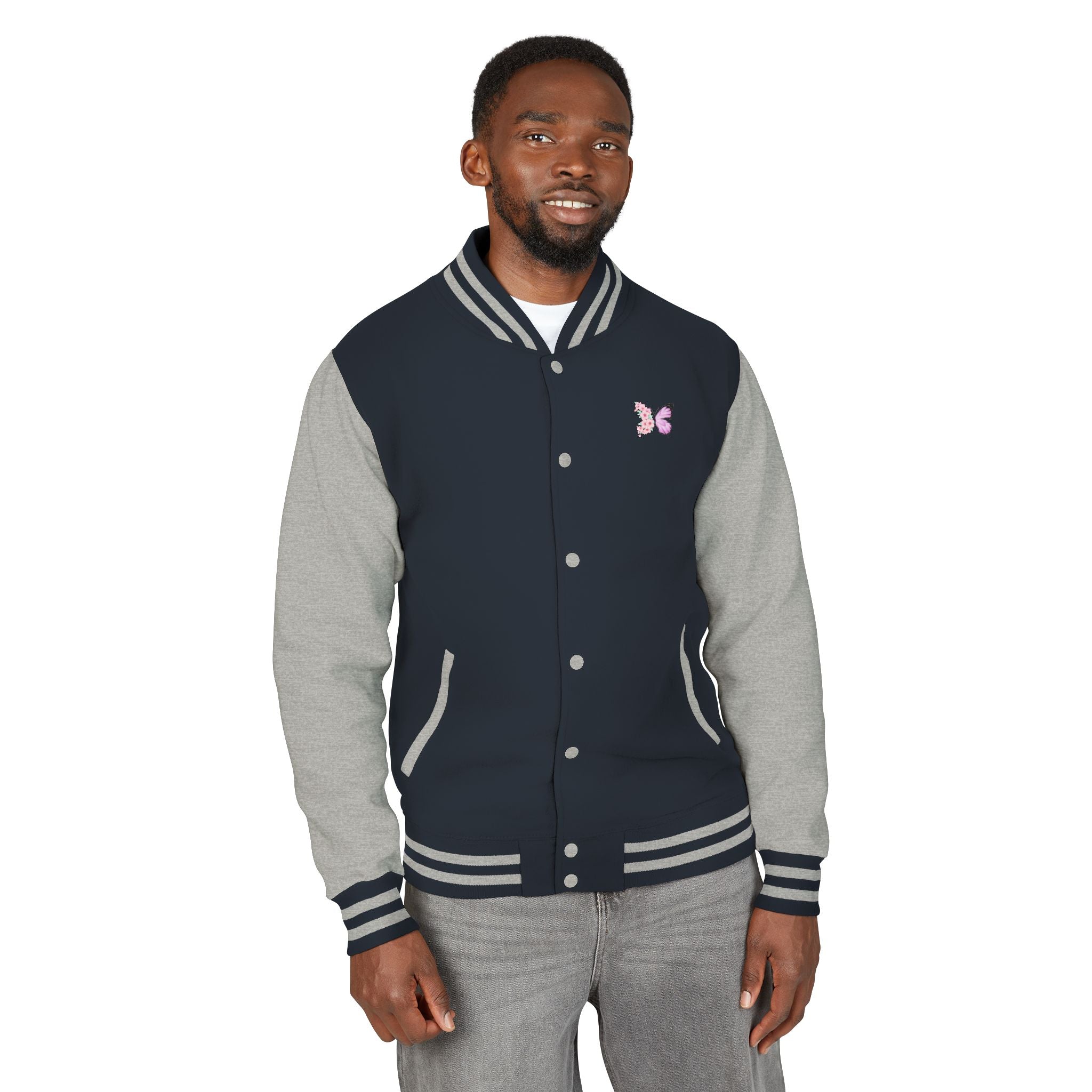 Unisex Navy Blue Floral Butterfly Spring Quote Cotton Blend Letterman Jacket