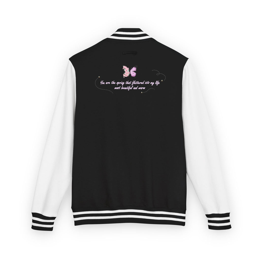 Unisex Navy Blue Floral Butterfly Spring Quote Cotton Blend Letterman Jacket
