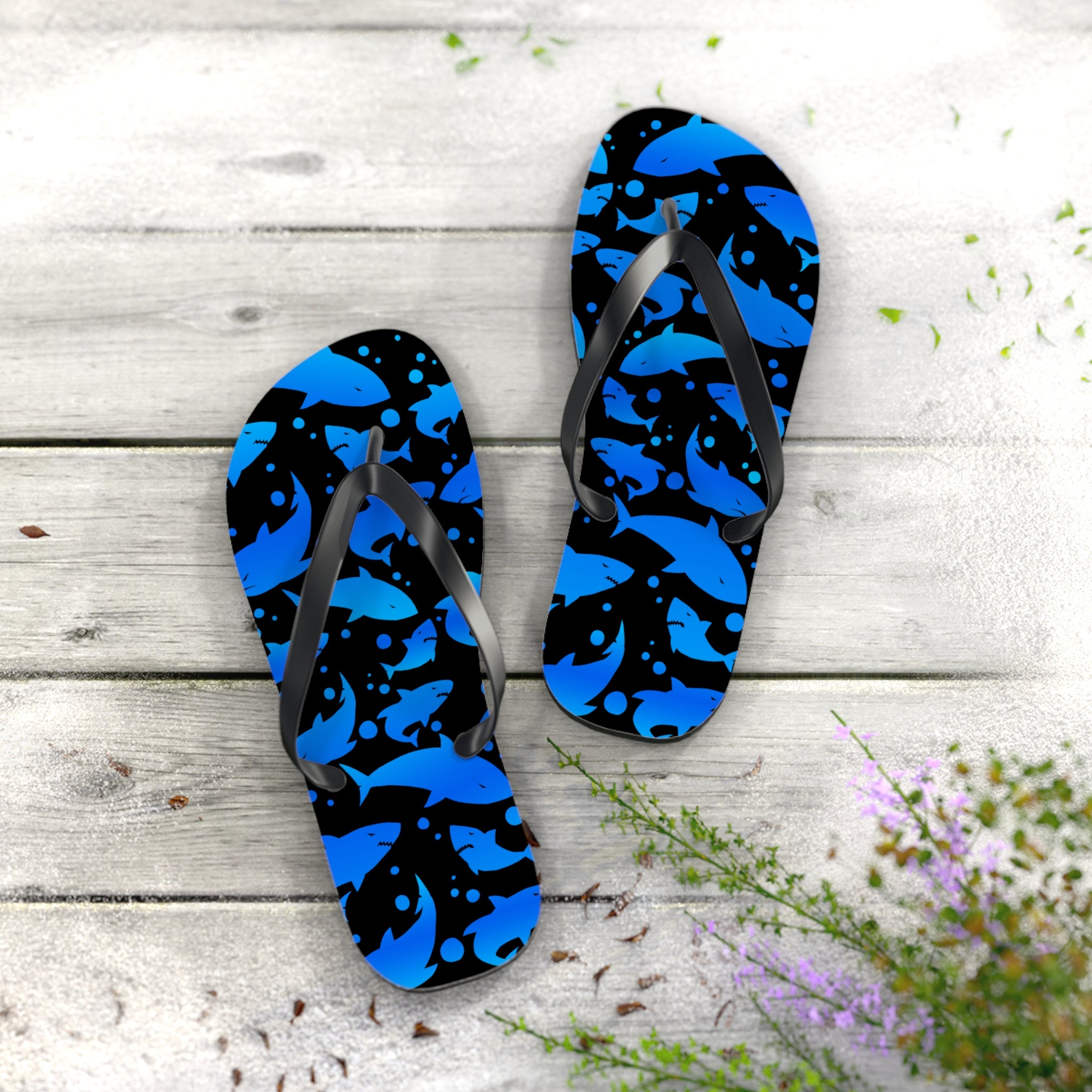 Men's/Women's Blue and Black Shark Print Flip Flops - Graphic Thong Sandals