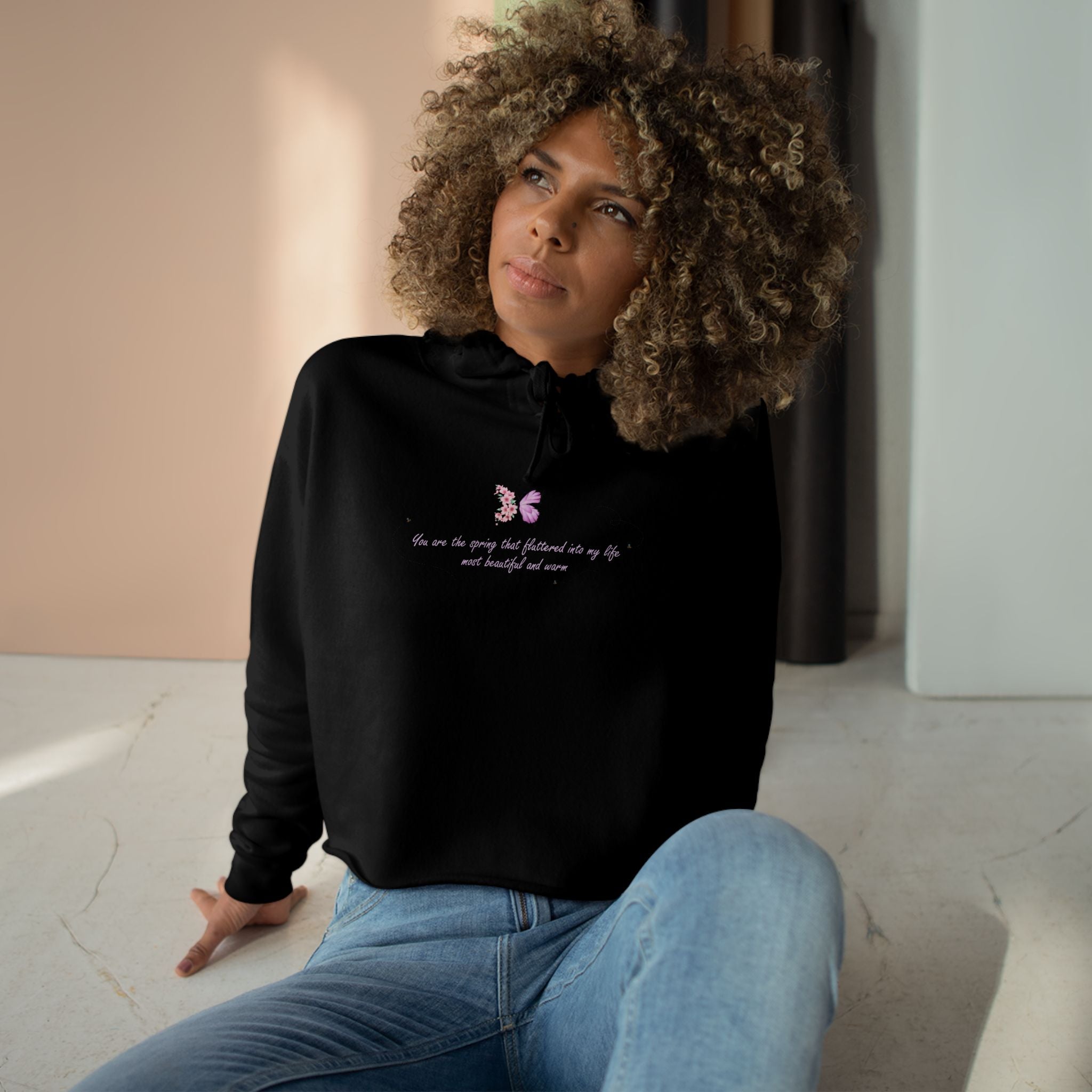 Women's Peach Floral Butterfly Spring Quote Cotton Blend Crop Hoodie