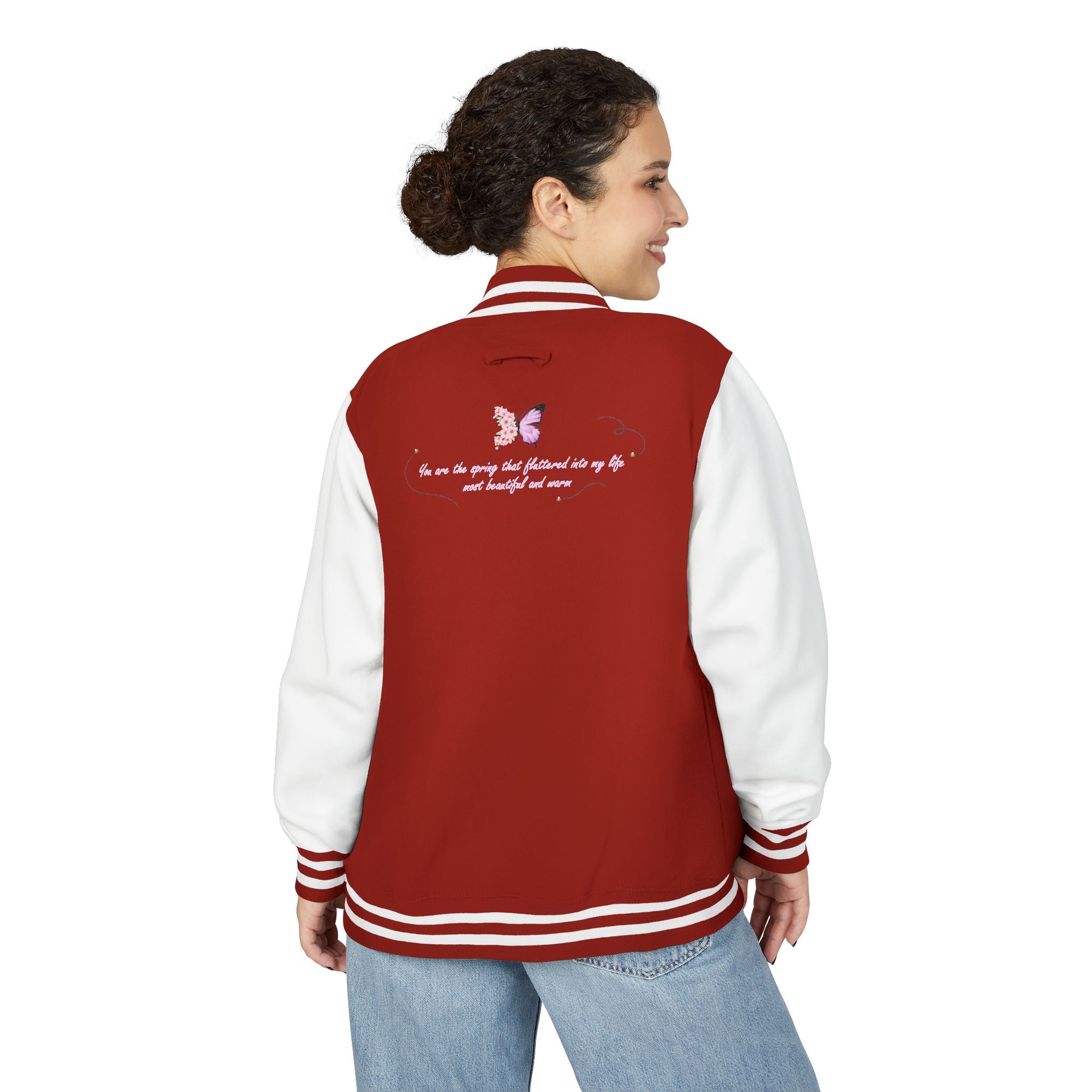 Unisex Navy Blue Floral Butterfly Spring Quote Cotton Blend Letterman Jacket