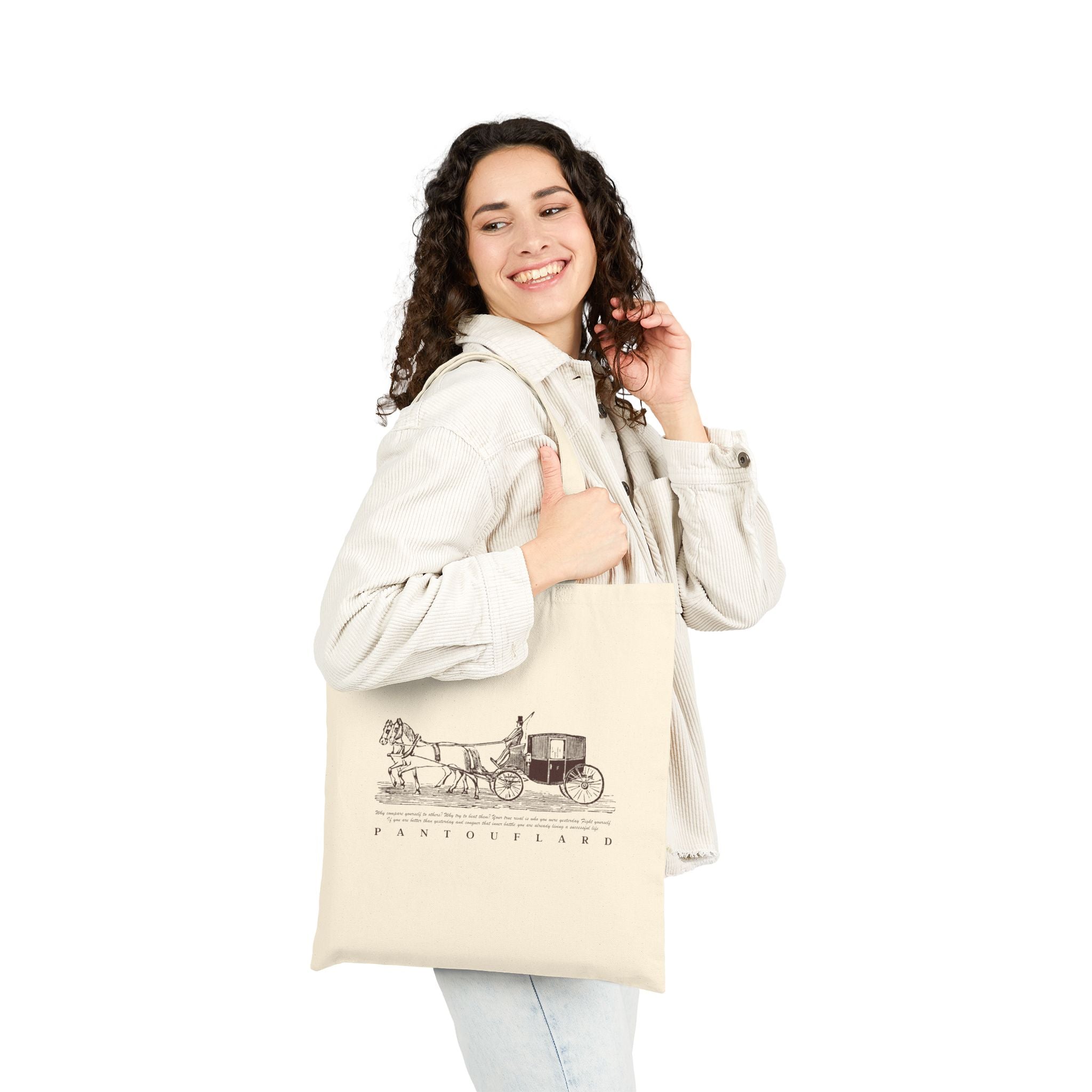 Pantouflard Horse Carriage Print Cotton Canvas Tote Bag Natural Color