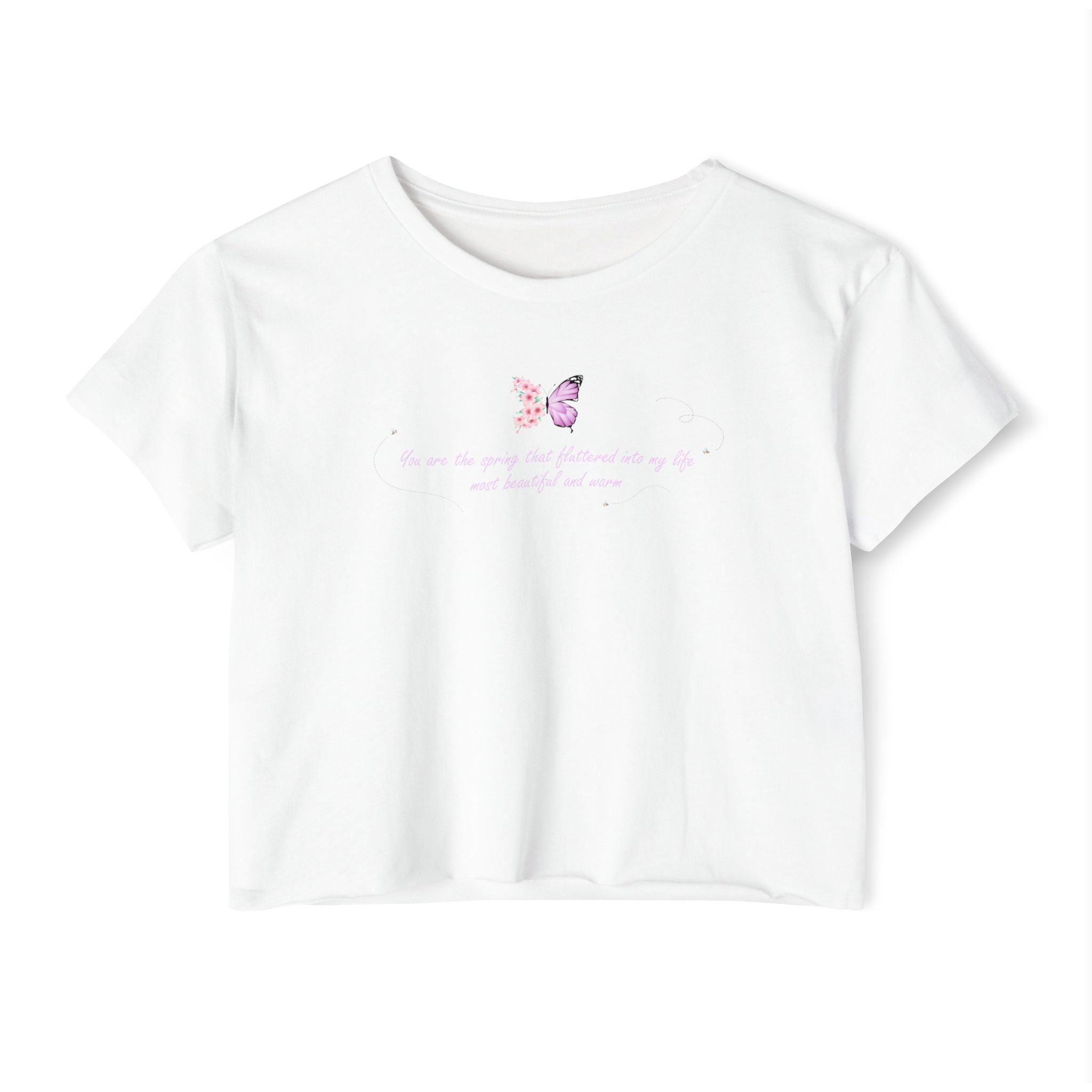 Women's Purple Floral Butterfly Spring Quote Cotton Blend Crop Top