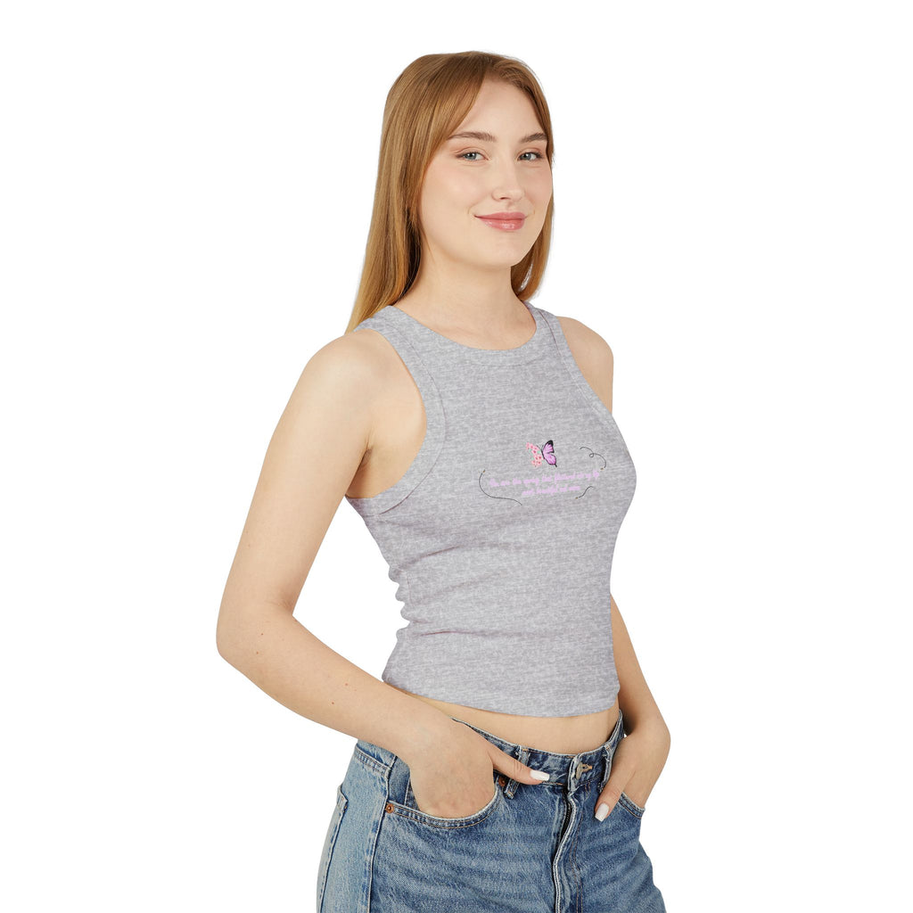 Women's Navy Blue Floral Butterfly Spring Quote Cotton Blend Racer Tank Top