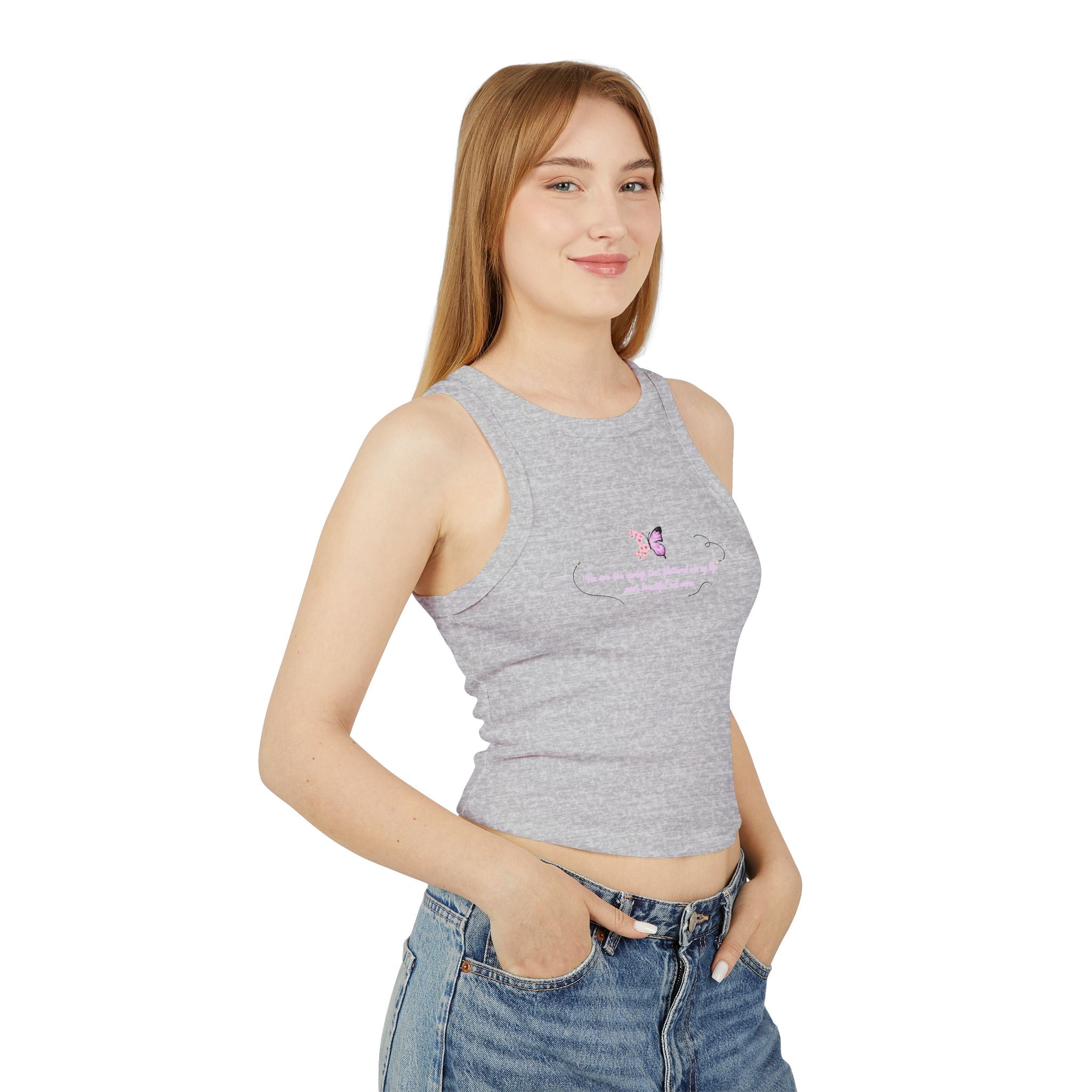 Women's Navy Blue Floral Butterfly Spring Quote Cotton Blend Racer Tank Top