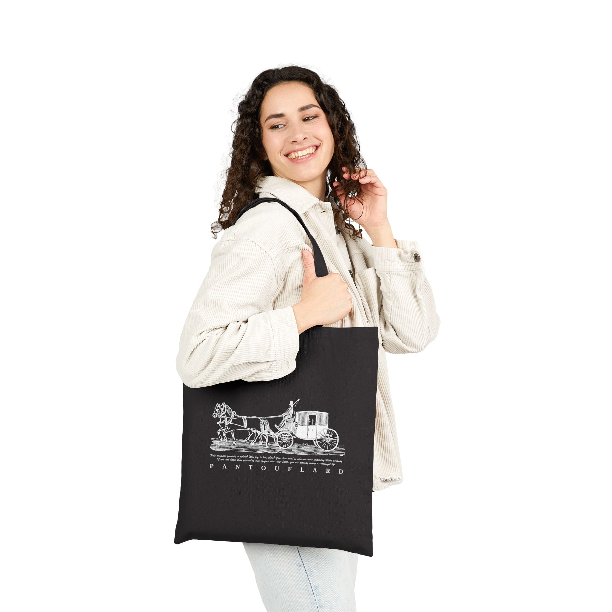 Pantouflard Horse Carriage Print Cotton Canvas Tote Bag Black Color
