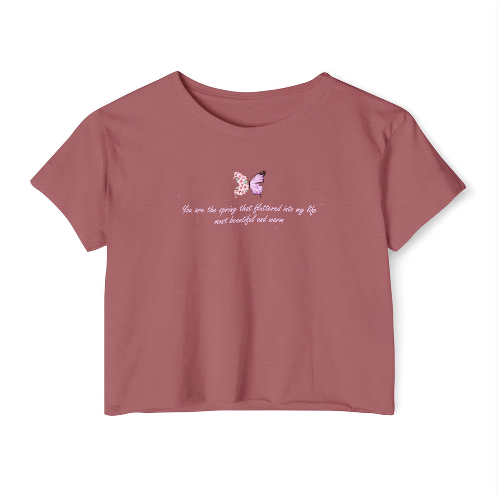Women's Purple Floral Butterfly Spring Quote Cotton Blend Crop Top