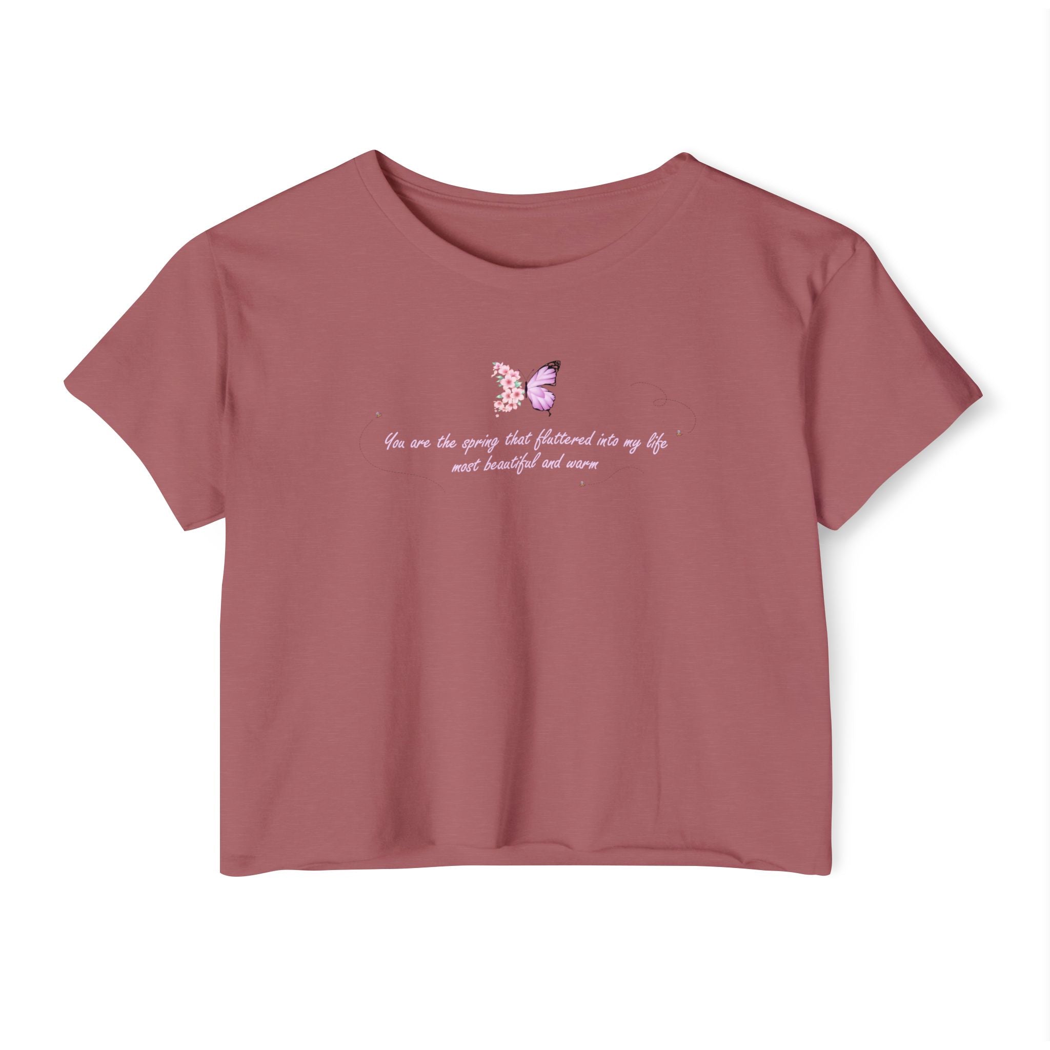 Women's Purple Floral Butterfly Spring Quote Cotton Blend Crop Top