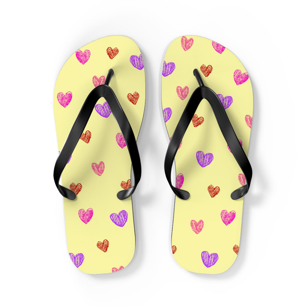 Unisex Light Yellow Colorful Hand Drawn Heart Pattern EVA Polyester Flip Flops