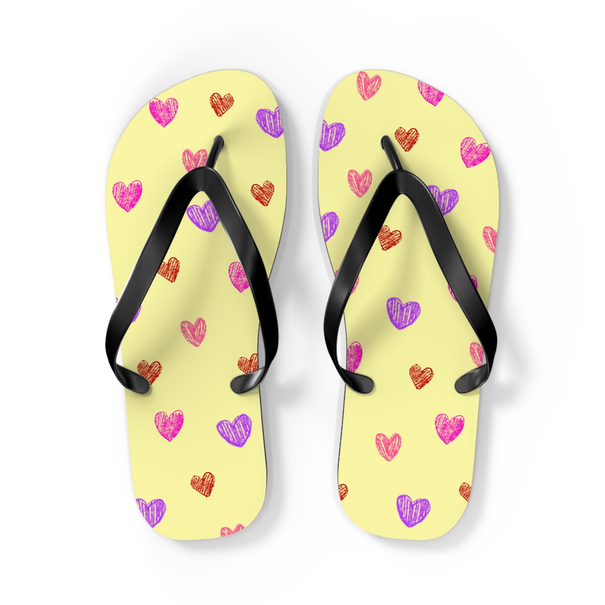 Unisex Light Yellow Colorful Hand Drawn Heart Pattern EVA Polyester Flip Flops