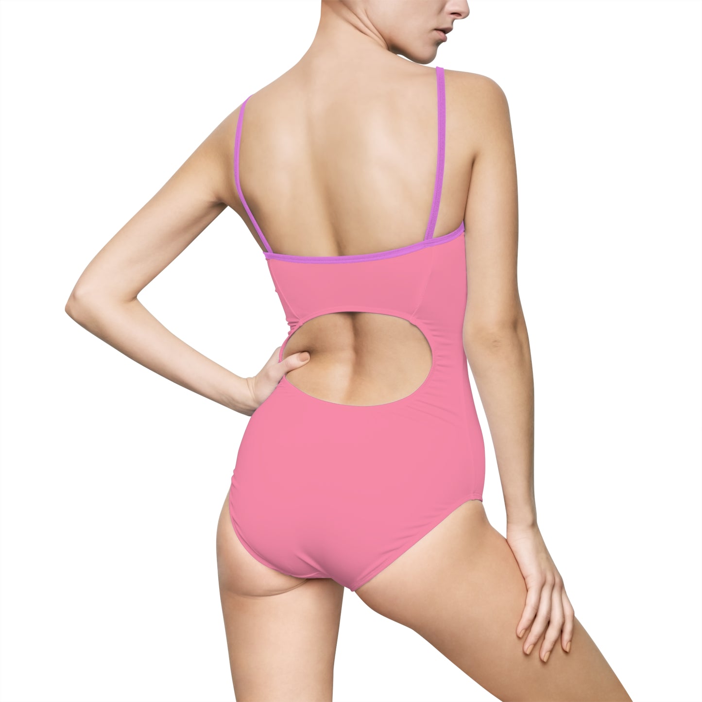 Women's One Piece Swimsuit (Blue heart on pink background)
