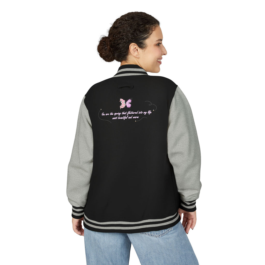 Unisex Navy Blue Floral Butterfly Spring Quote Cotton Blend Letterman Jacket
