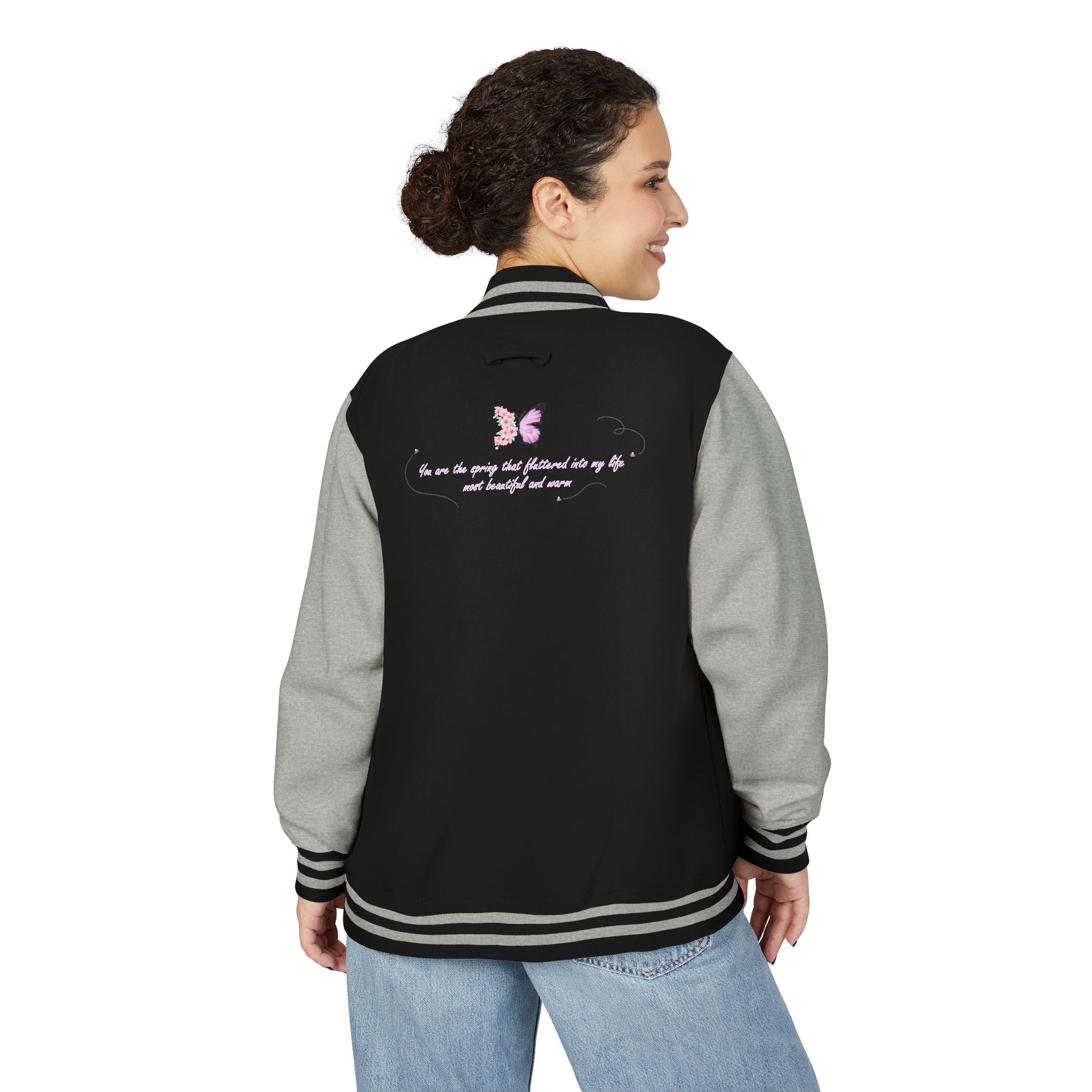 Unisex Navy Blue Floral Butterfly Spring Quote Cotton Blend Letterman Jacket
