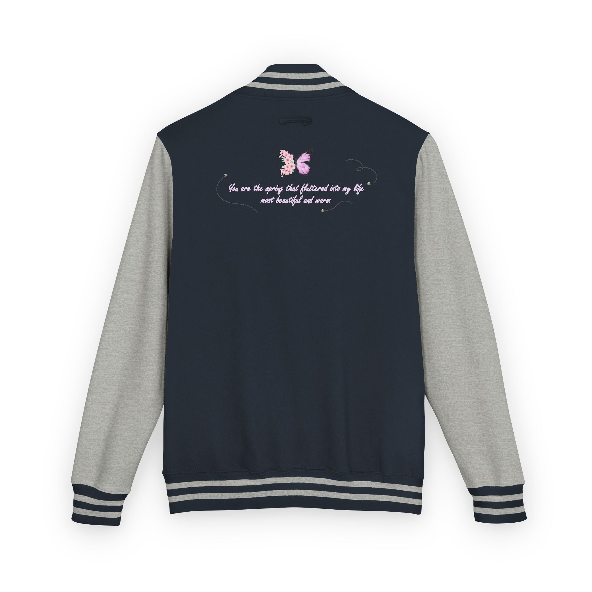 Unisex Navy Blue Floral Butterfly Spring Quote Cotton Blend Letterman Jacket