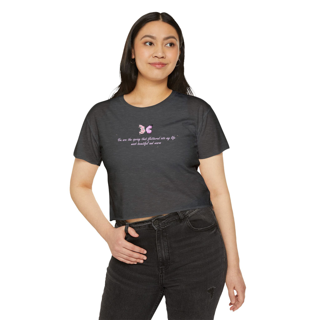 Women's Purple Floral Butterfly Spring Quote Cotton Blend Crop Top