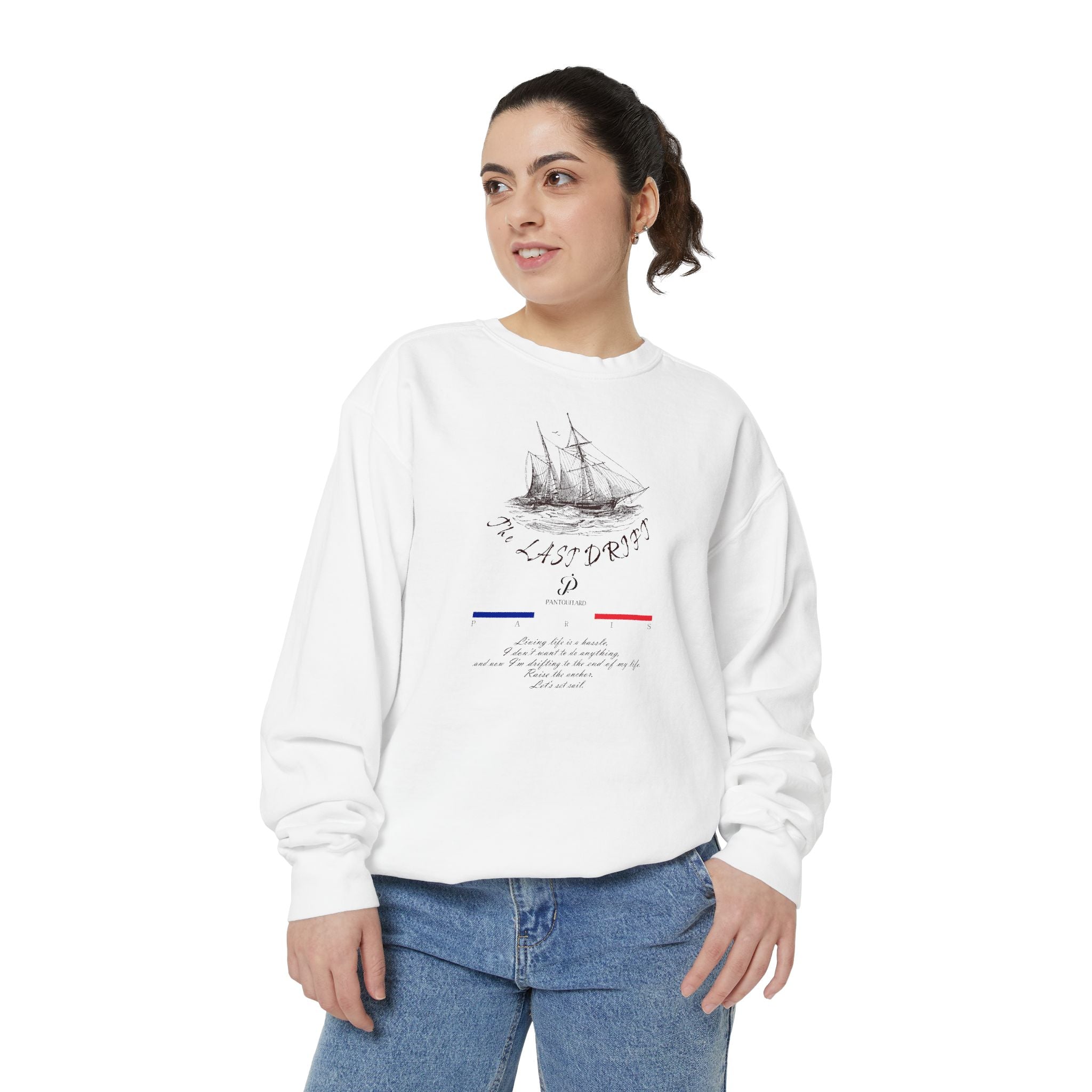 Unisex White Vintage Ship Graphic Cotton Blend Sweatshirt