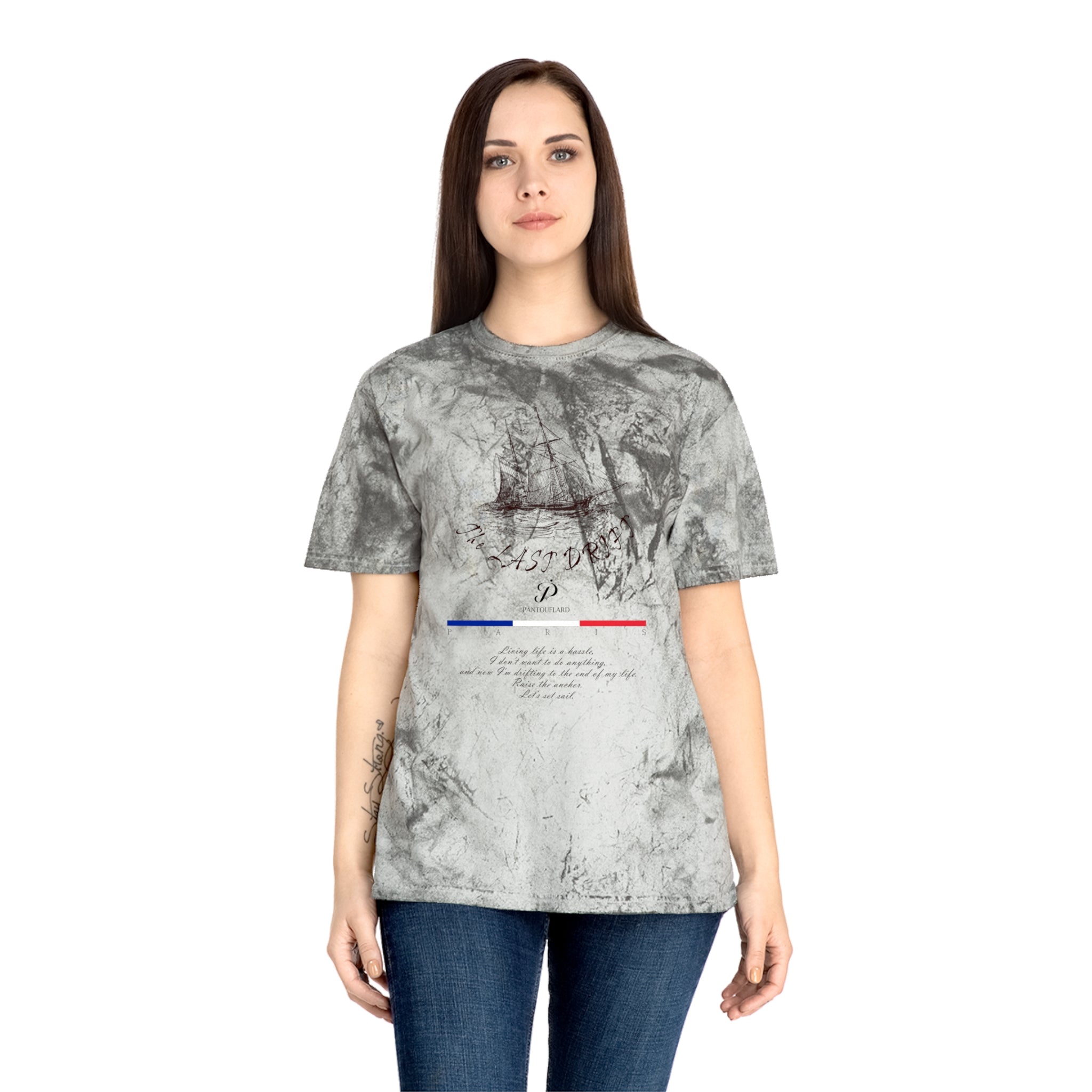 Unisex Grey Color Blast Vintage Ship Graphic 100% Cotton T-Shirt