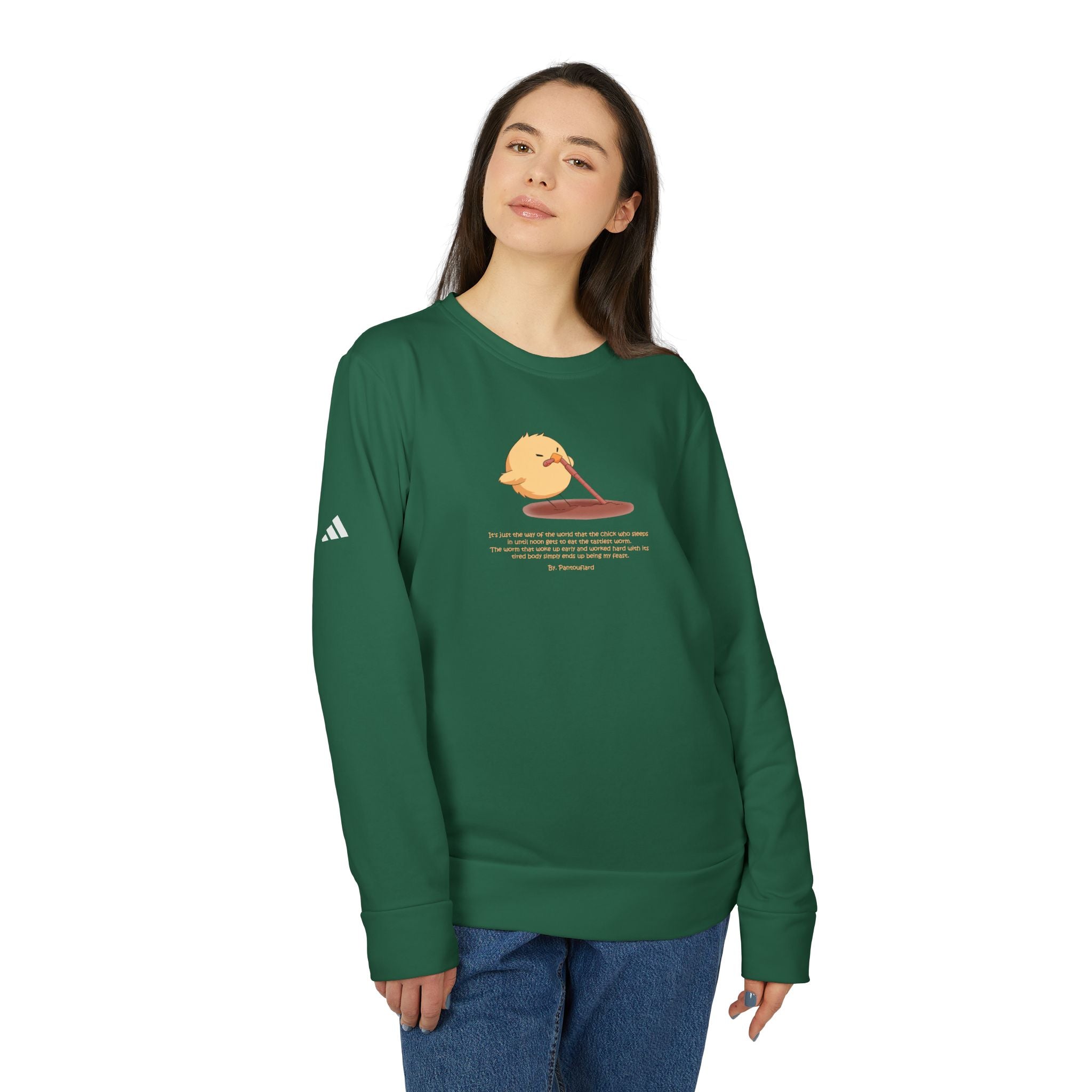 Adidas Crewneck Sweatshirt with Funny Graphic - "Early Bird Parody" Cute Chick Design - 8color Cotton Fleece Pullover - Unisex Streetwear