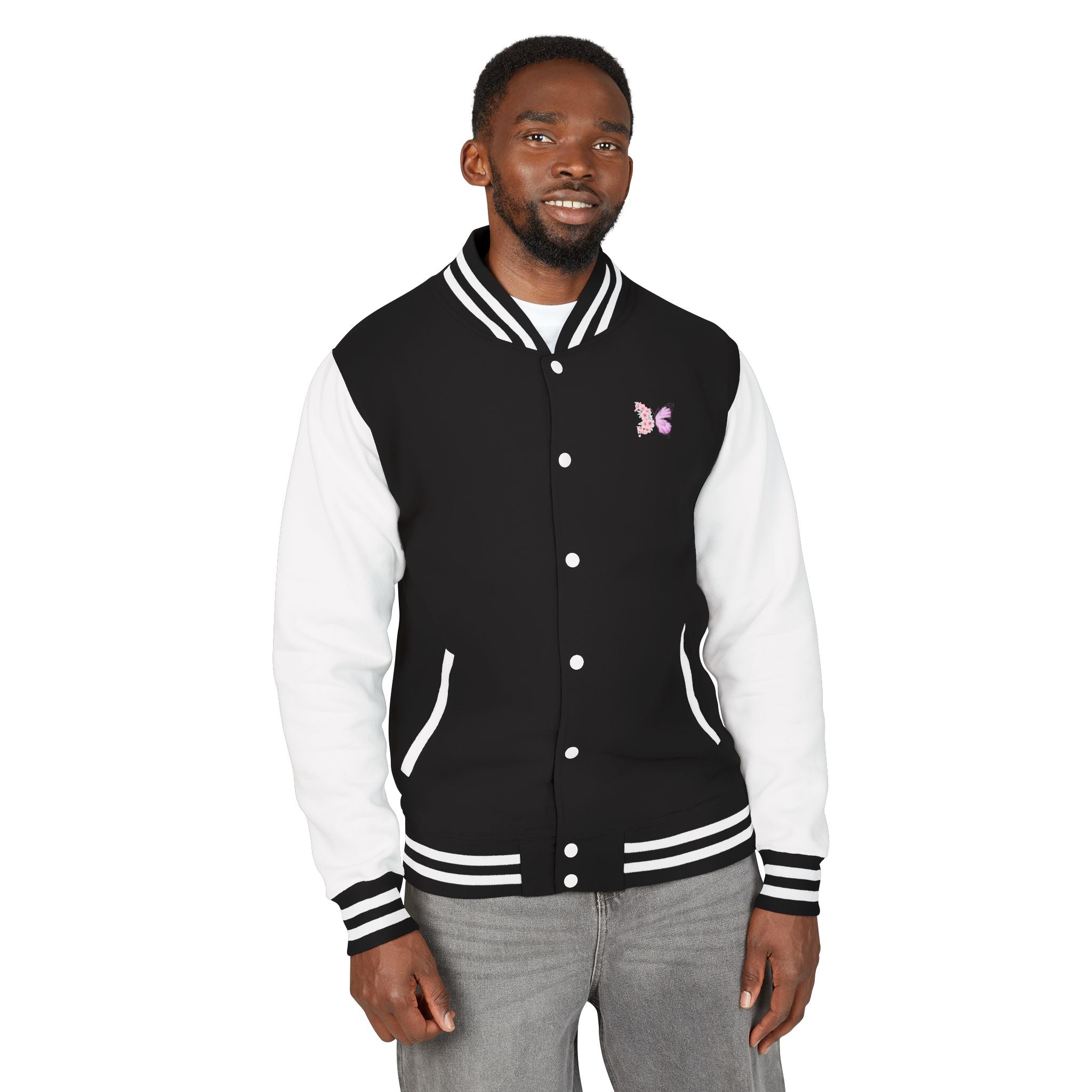 Unisex Navy Blue Floral Butterfly Spring Quote Cotton Blend Letterman Jacket