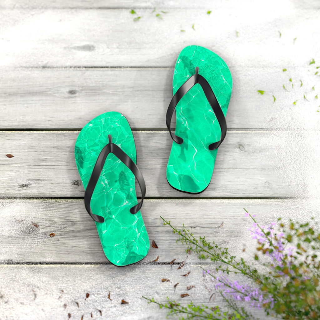 Unisex Vibrant Turquoise Green Sunlit Water Surface Fish Silhouette EVA Polyester Flip Flops