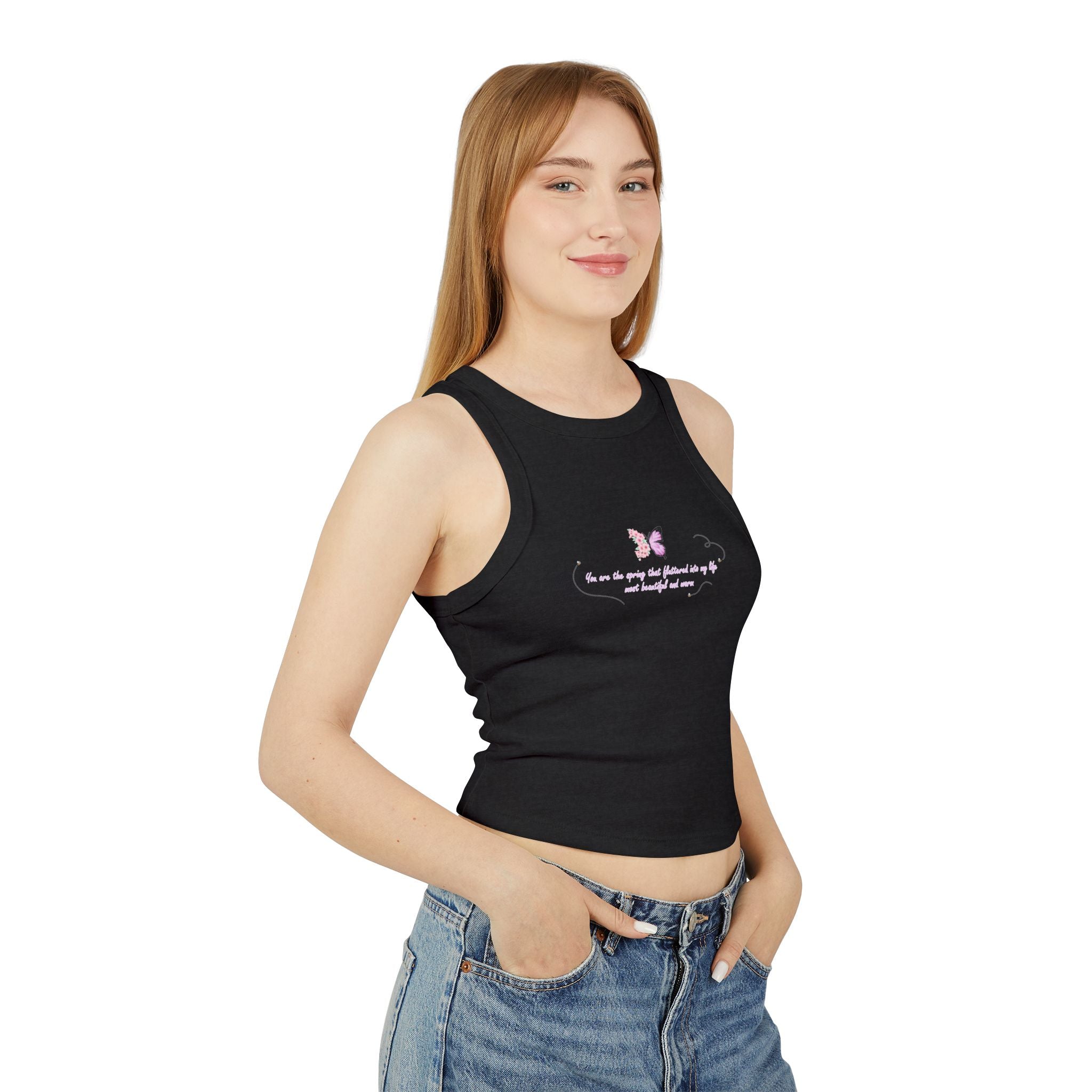 Women's Navy Blue Floral Butterfly Spring Quote Cotton Blend Racer Tank Top
