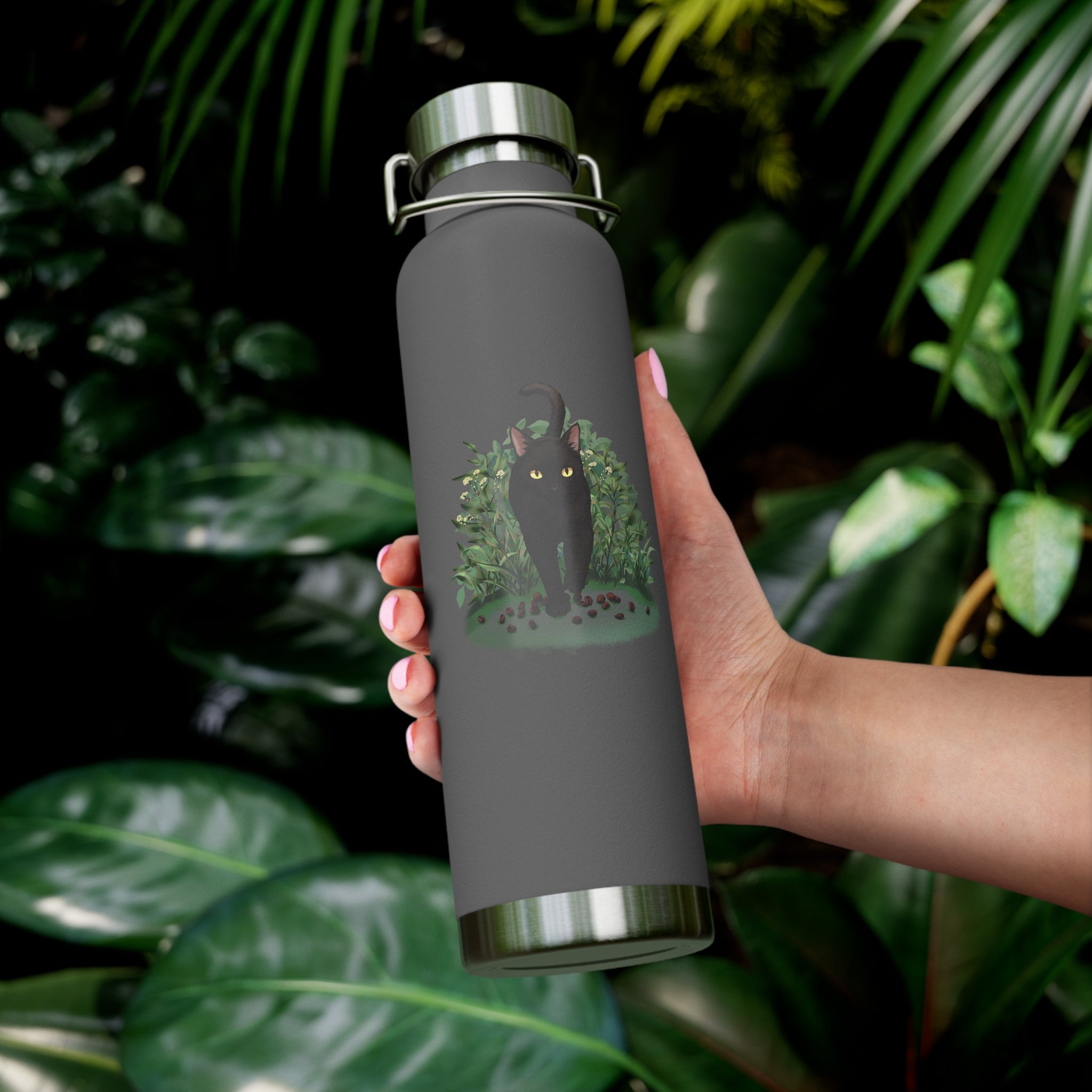 Black Mysterious Black Cat in Bushes 22oz Copper Vacuum Insulated Bottle