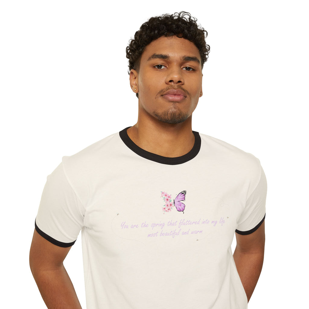 Unisex Natural Floral Butterfly Spring Quote 100% Cotton Ringer T-Shirt