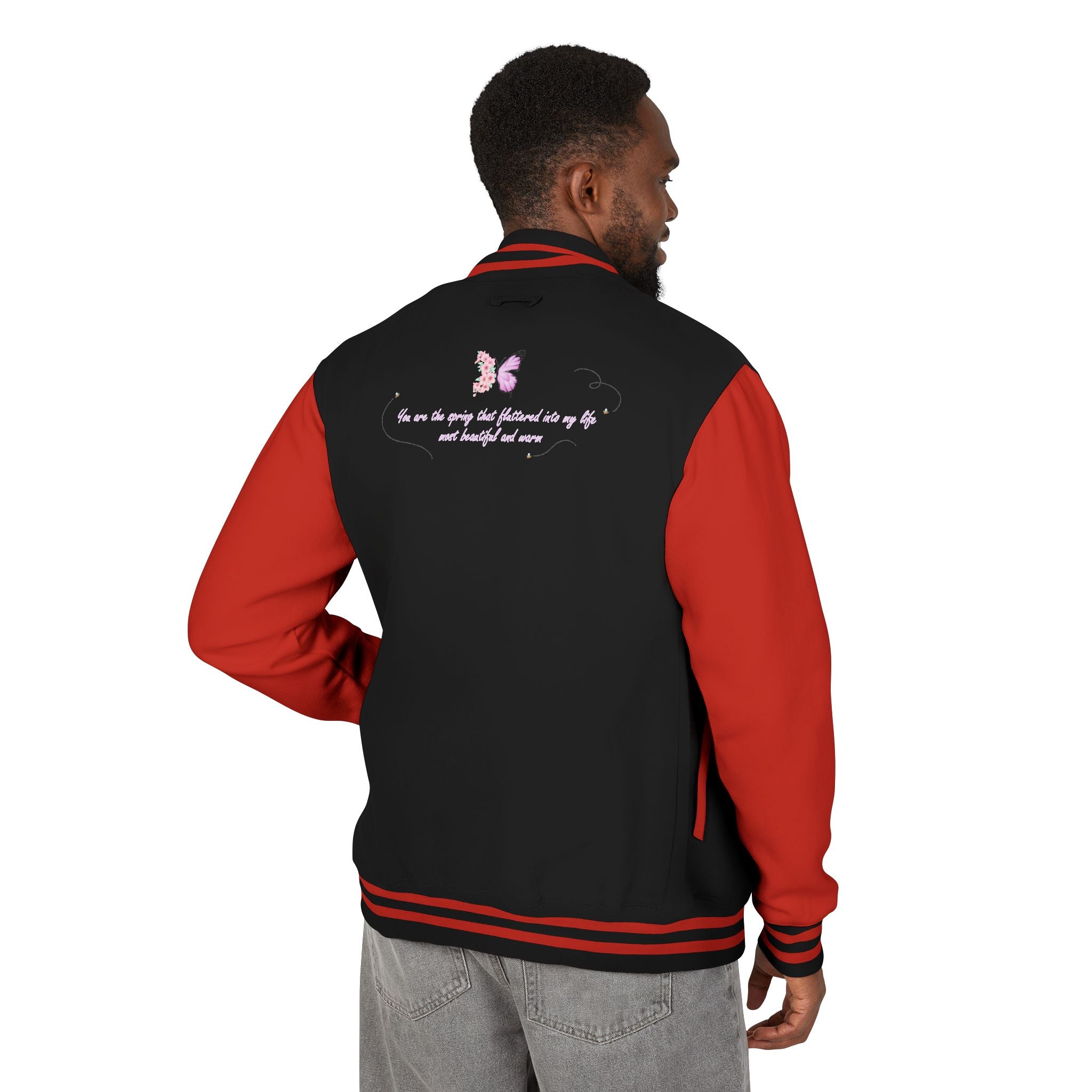 Unisex Navy Blue Floral Butterfly Spring Quote Cotton Blend Letterman Jacket