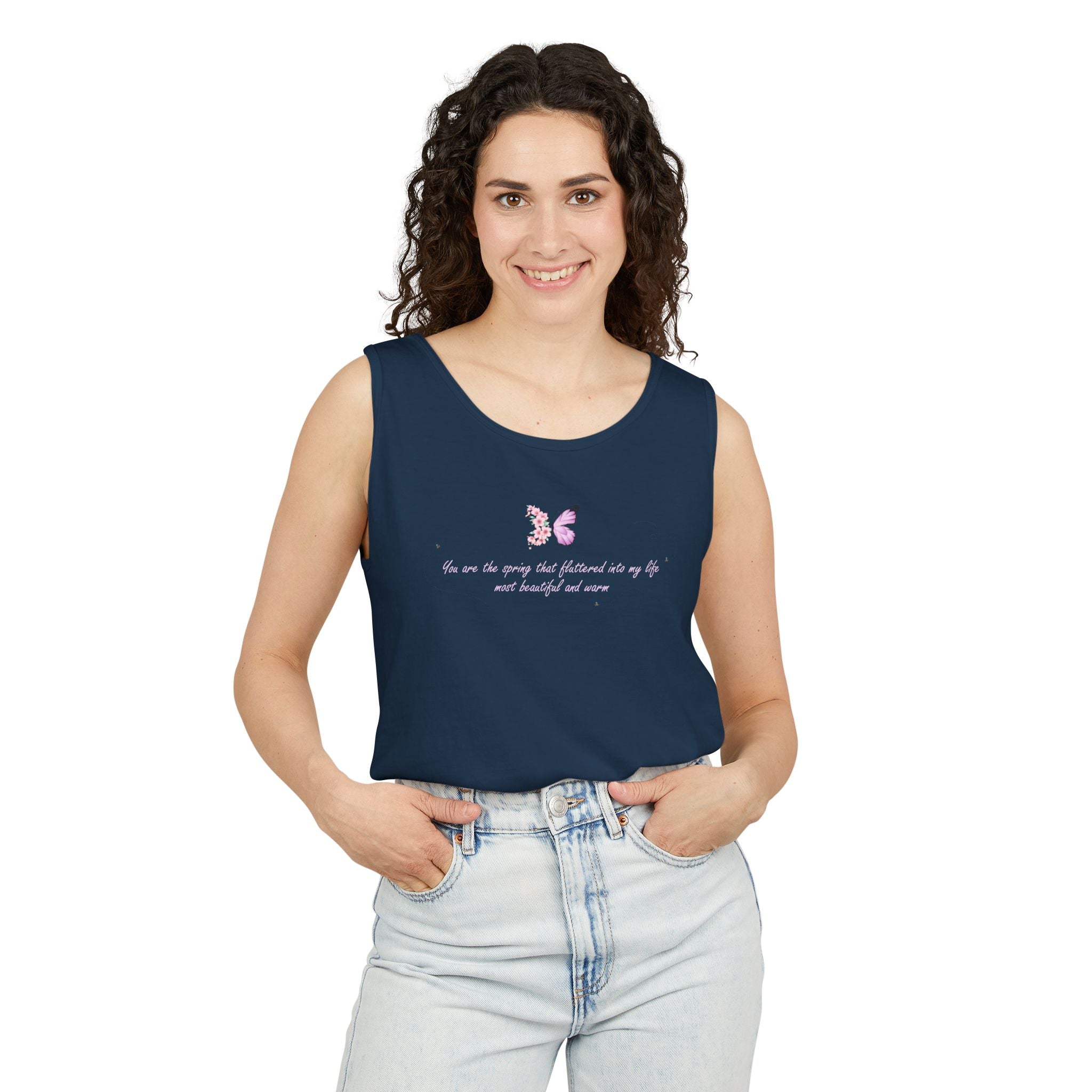 Unisex Navy Blue Floral Butterfly Spring Quote 100% Cotton Tank Top