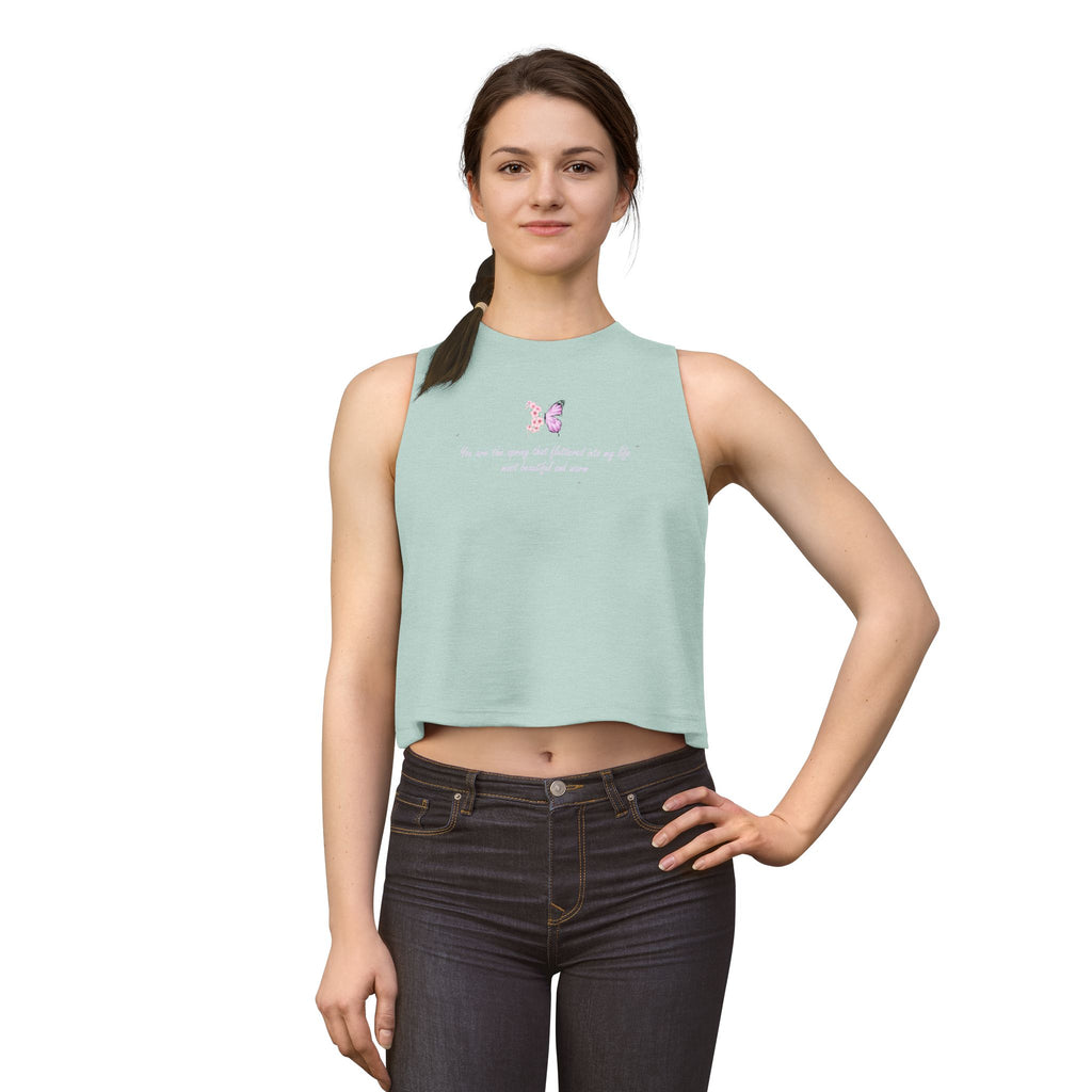 Women's Black Floral Butterfly Spring Quote Cotton Blend Crop Top
