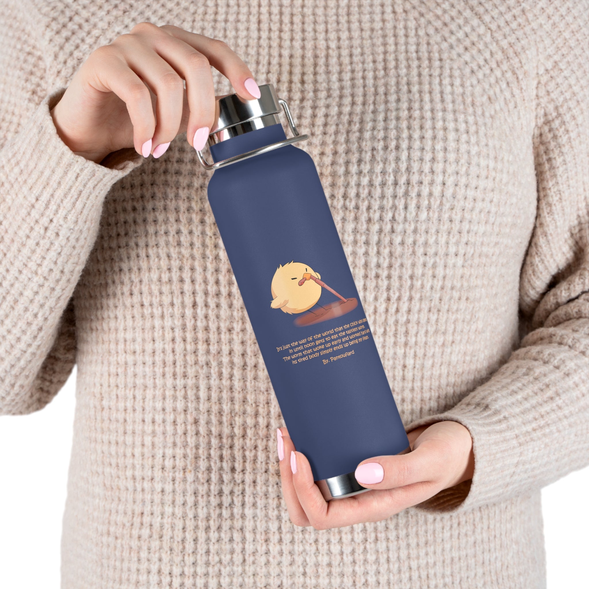 Navy Blue Cute Chick Pulling Worm Quote 22oz Copper Vacuum Insulated Bottle