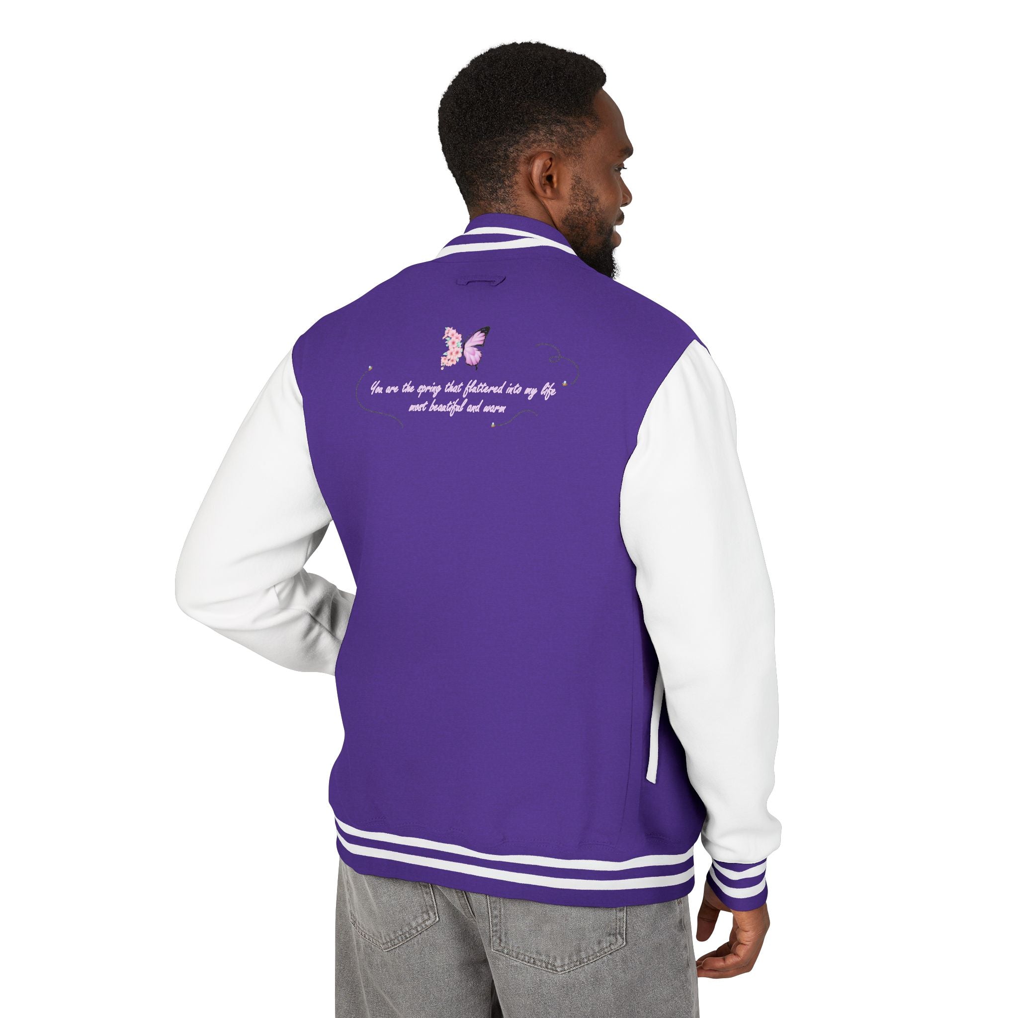 Unisex Navy Blue Floral Butterfly Spring Quote Cotton Blend Letterman Jacket
