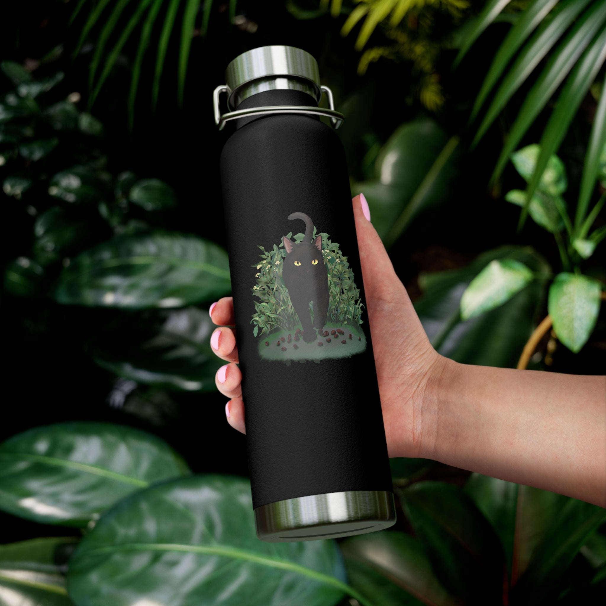 Black Mysterious Black Cat in Bushes 22oz Copper Vacuum Insulated Bottle
