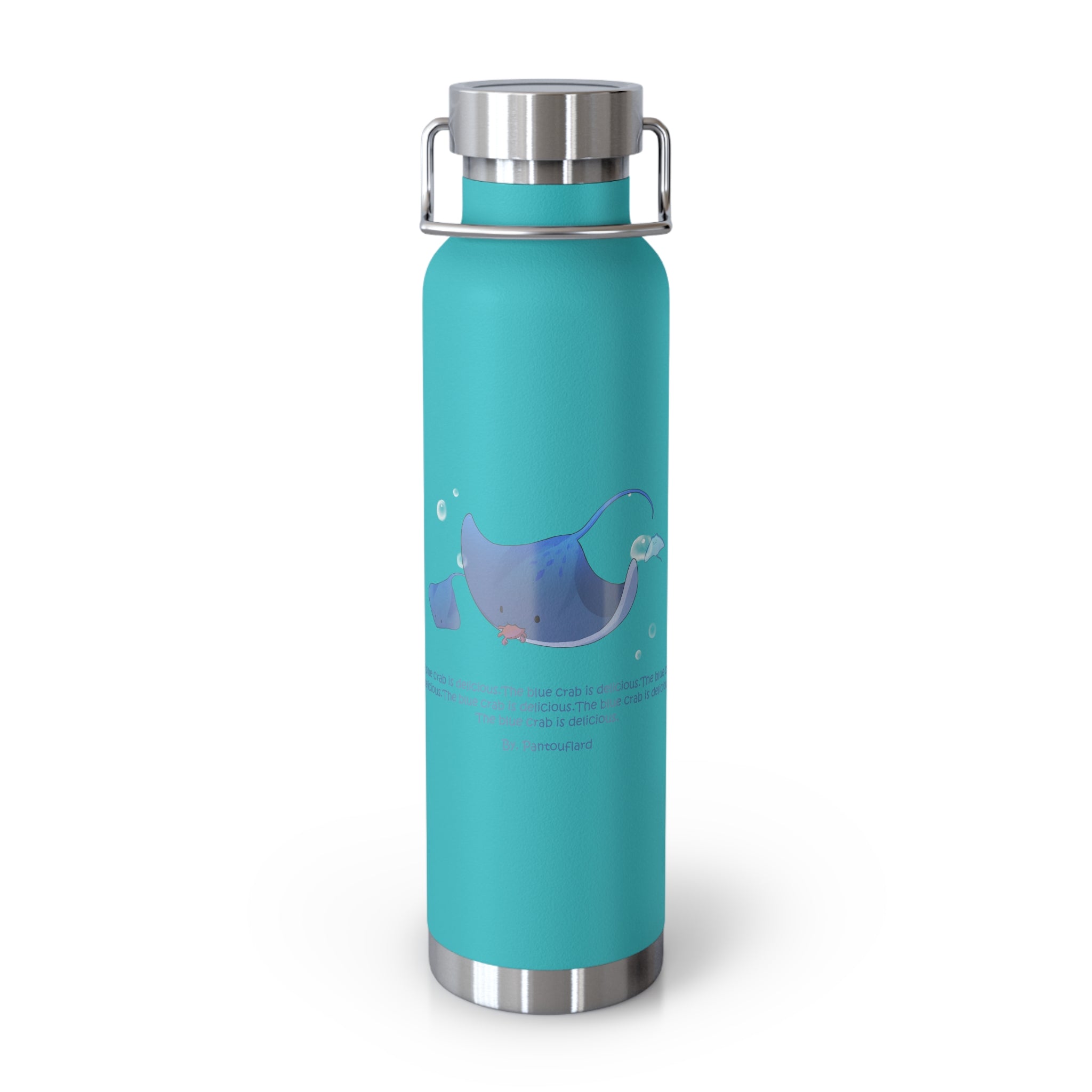 Cyan Blue Cute Stingray Eating Crab Quote 22oz Copper Vacuum Insulated Bottle