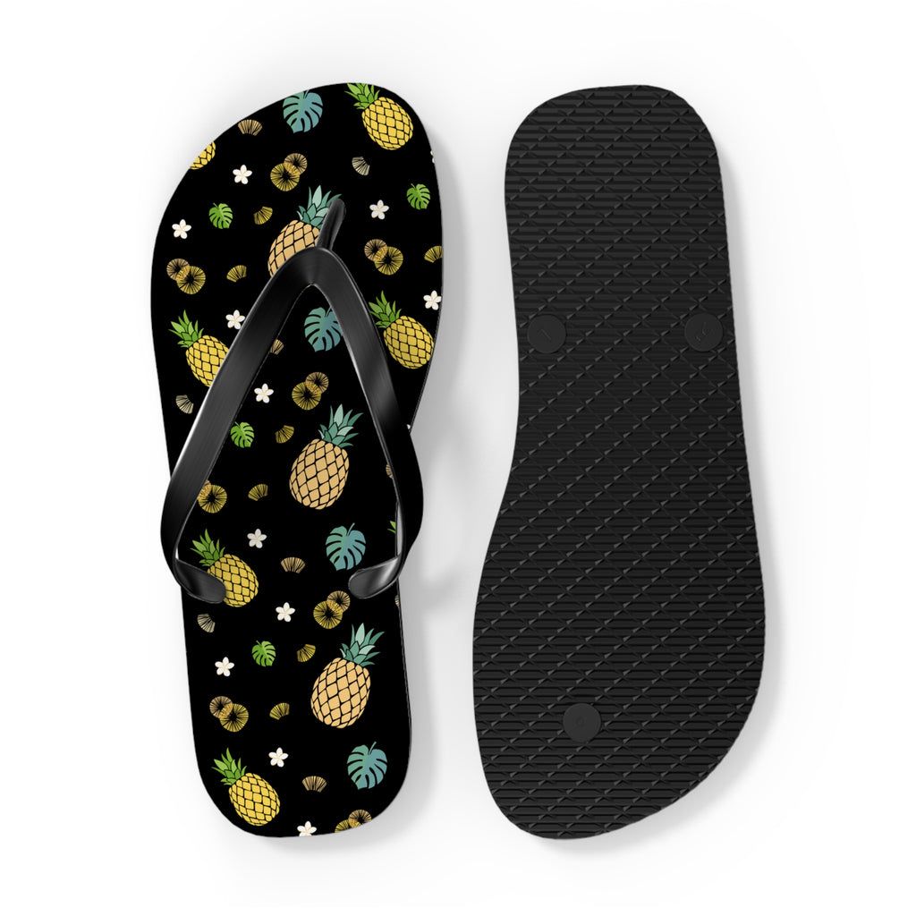 Unisex Black Pineapple Tropical Pattern EVA Polyester Flip Flops