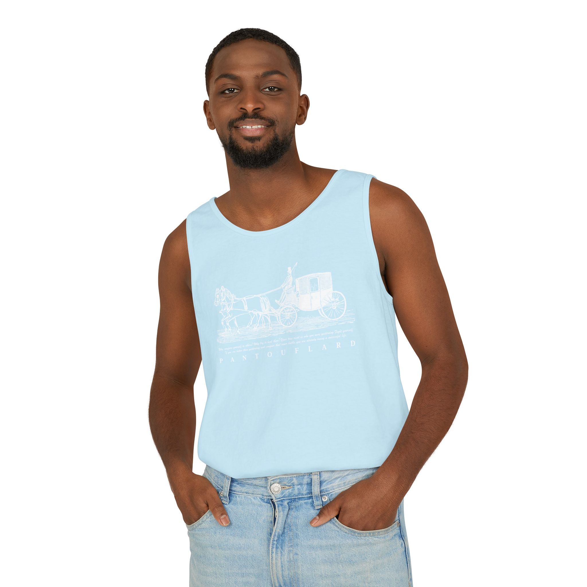 Unisex Black Pantouflard Carriage Cotton Garment-Dyed Tank Top