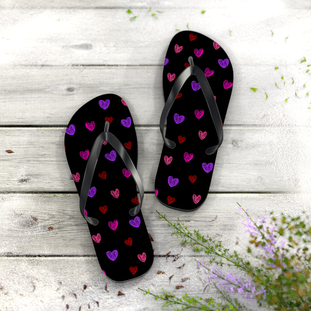 Unisex Black Colorful Hand Drawn Heart Pattern EVA Polyester Flip Flops