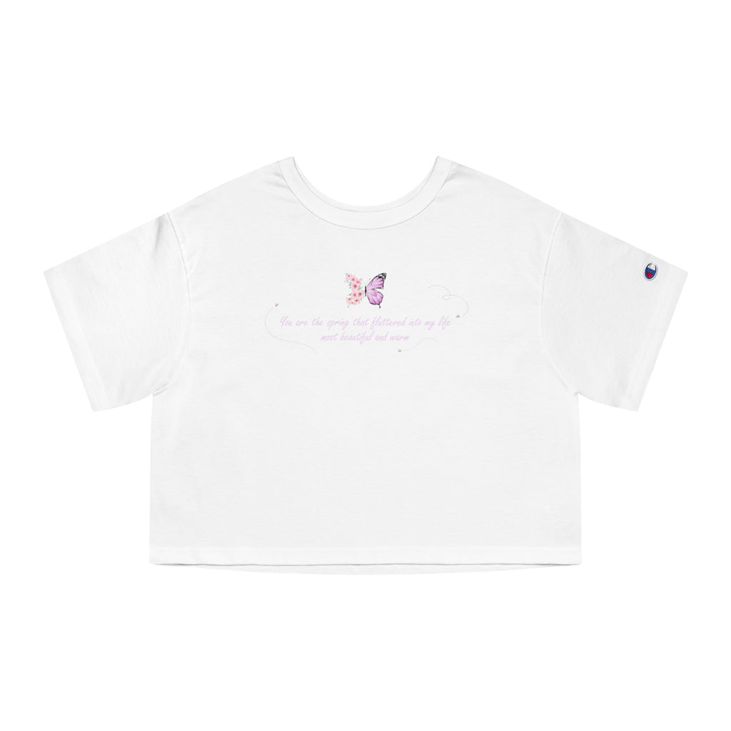 Women's White Floral Butterfly Spring Quote 100% Cotton Champion Cropped T-Shirt