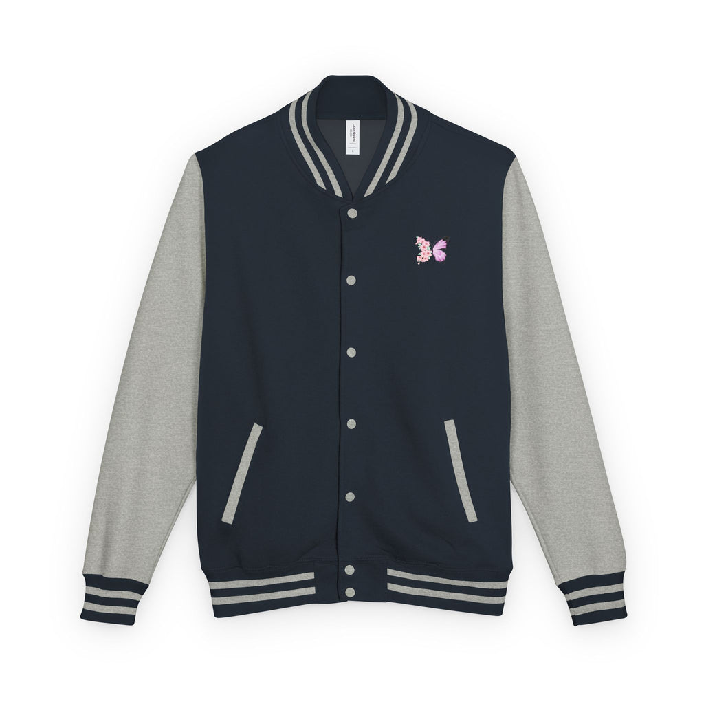 Unisex Navy Blue Floral Butterfly Spring Quote Cotton Blend Letterman Jacket