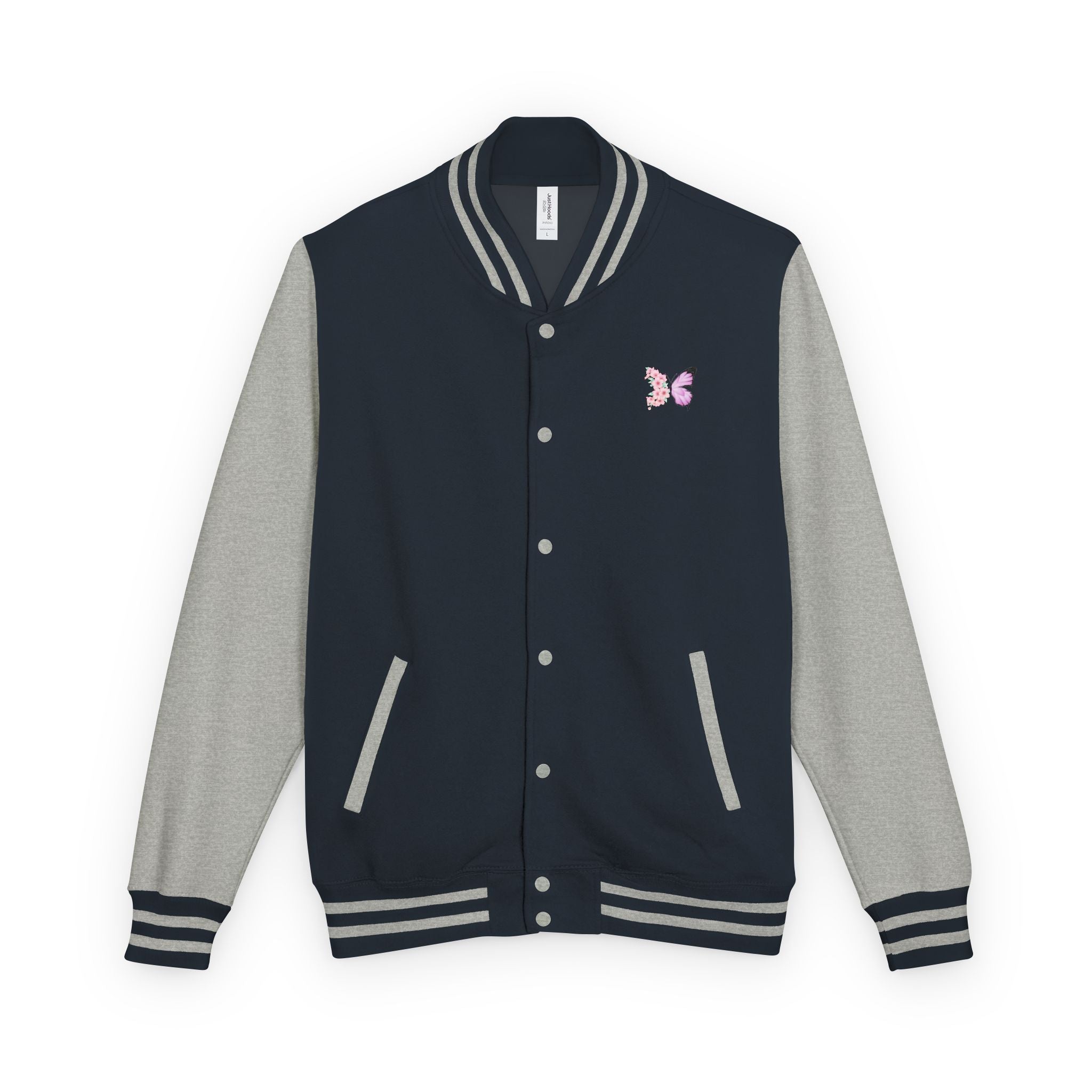 Unisex Navy Blue Floral Butterfly Spring Quote Cotton Blend Letterman Jacket