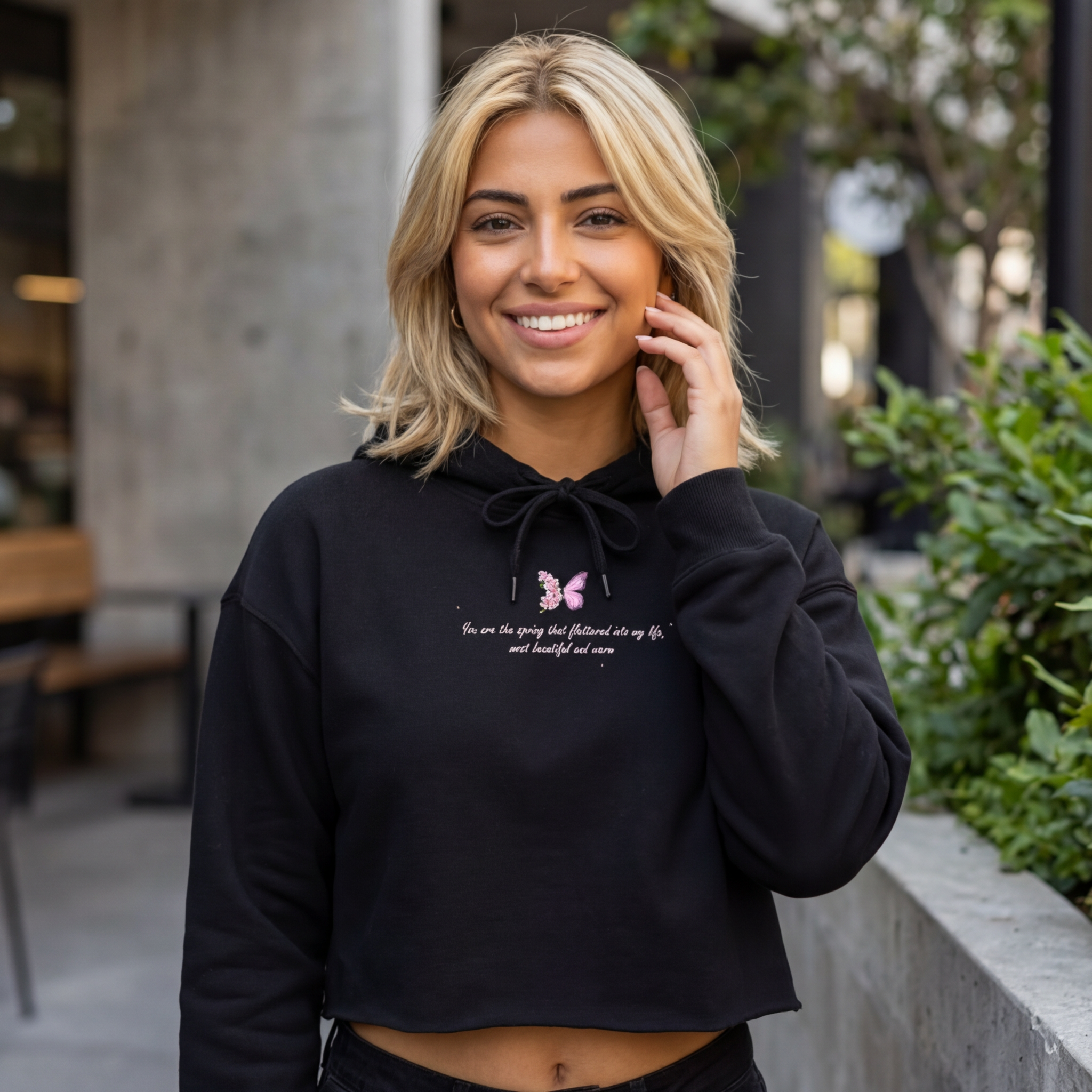 Women's Black Floral Butterfly Spring Quote Cotton Blend Crop Hoodie