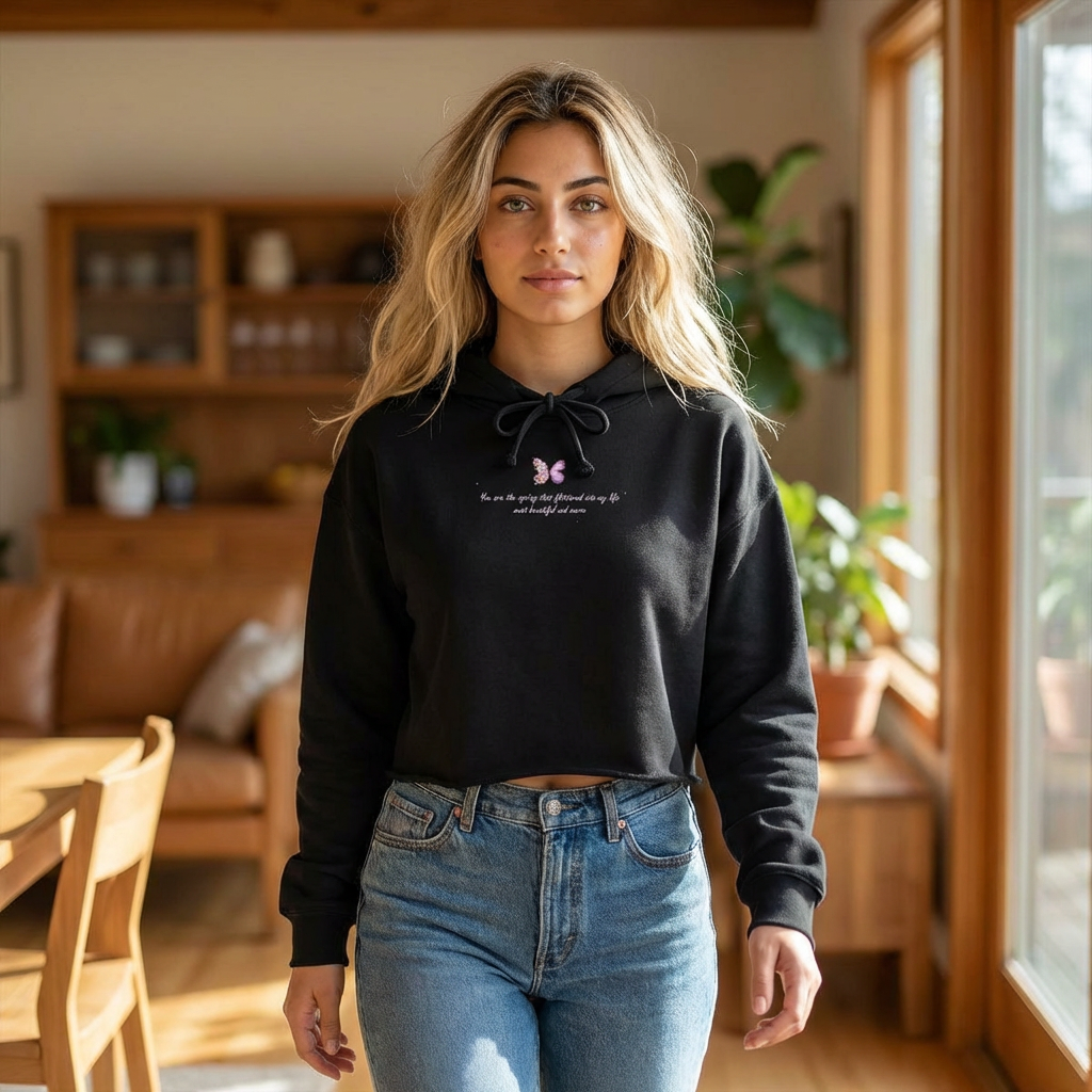 Women's Black Floral Butterfly Spring Quote Cotton Blend Crop Hoodie