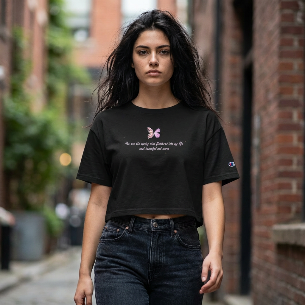 Women's White Floral Butterfly Spring Quote 100% Cotton Champion Cropped T-Shirt