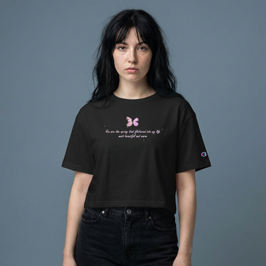 Women's White Floral Butterfly Spring Quote 100% Cotton Champion Cropped T-Shirt