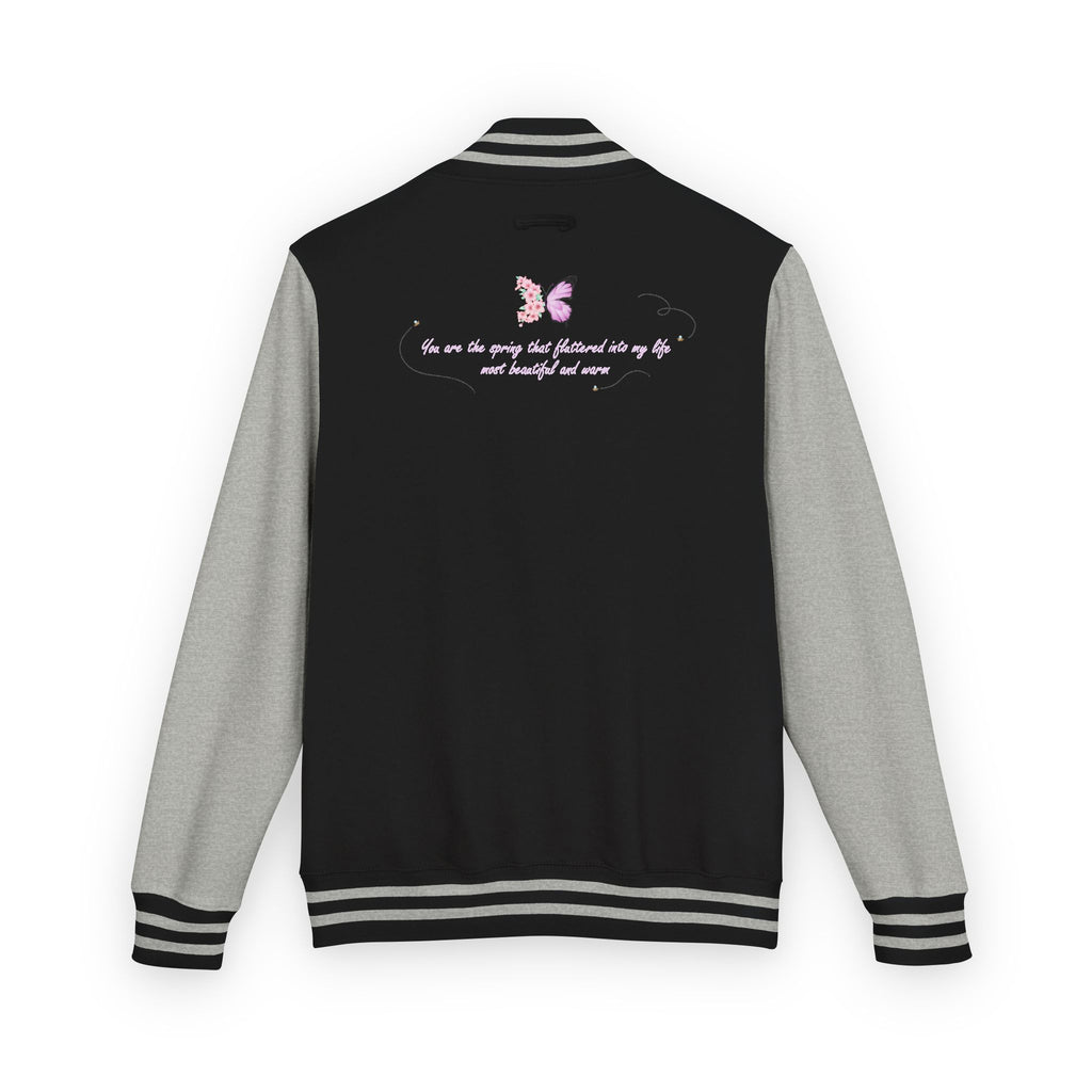 Unisex Navy Blue Floral Butterfly Spring Quote Cotton Blend Letterman Jacket