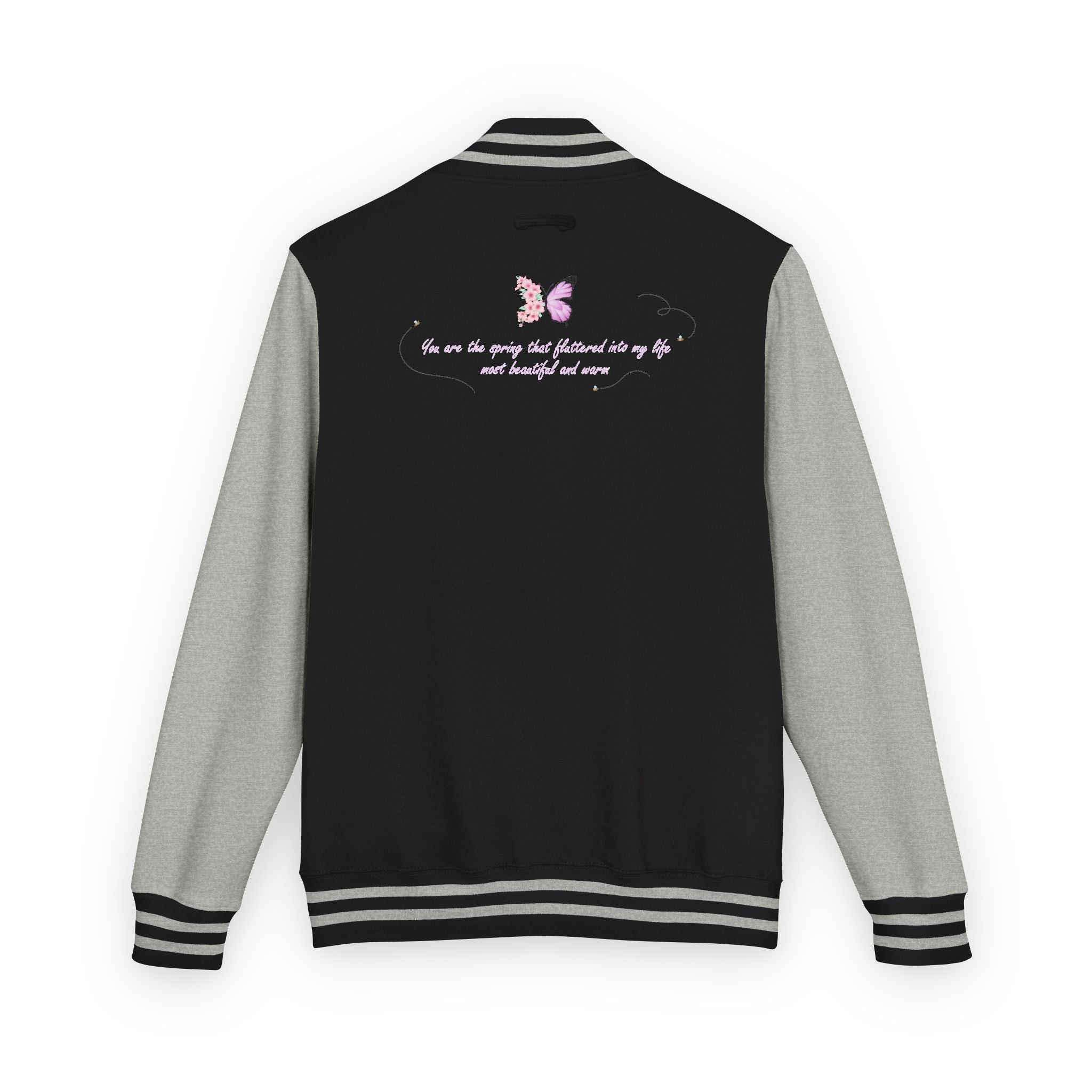 Unisex Navy Blue Floral Butterfly Spring Quote Cotton Blend Letterman Jacket