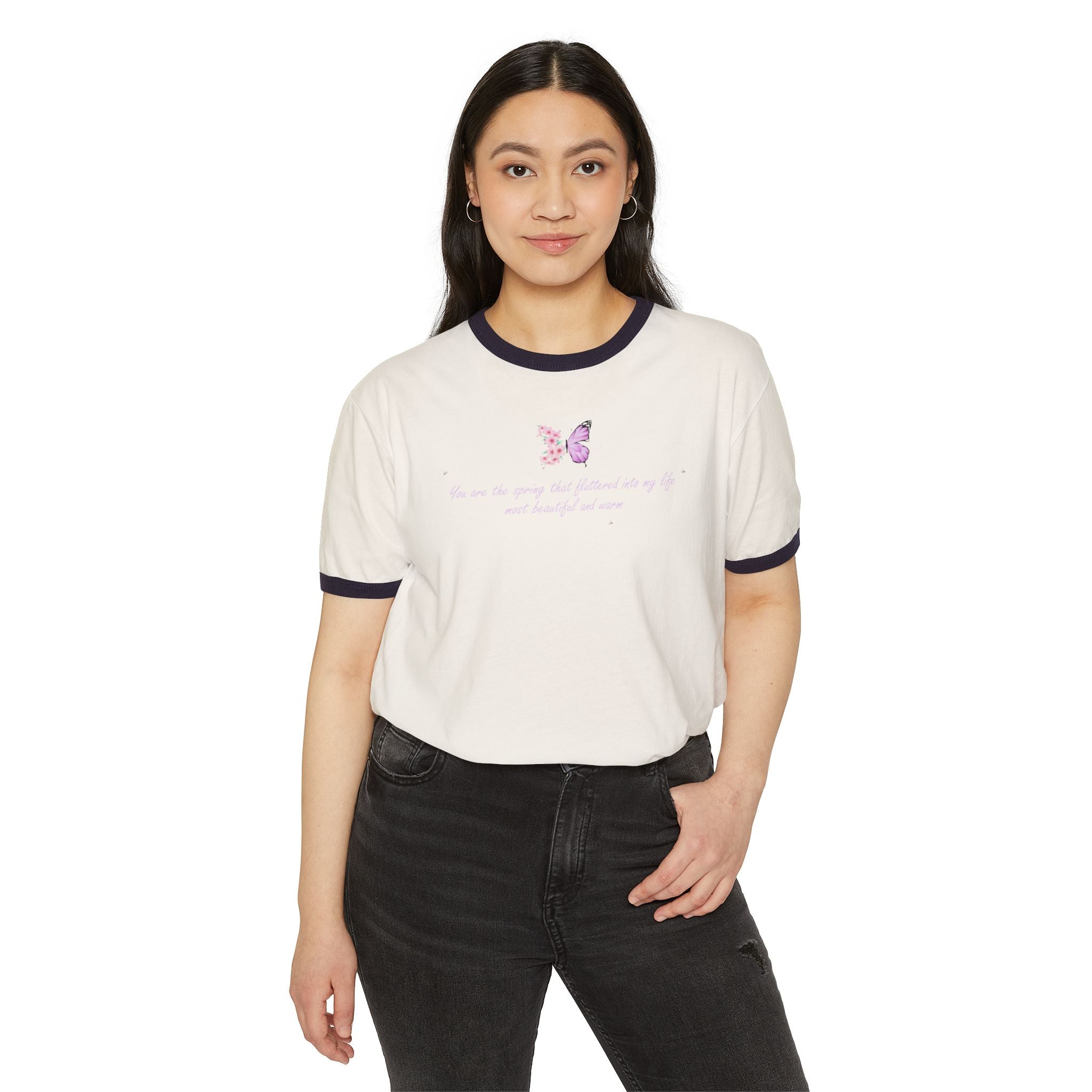 Unisex Natural Floral Butterfly Spring Quote 100% Cotton Ringer T-Shirt